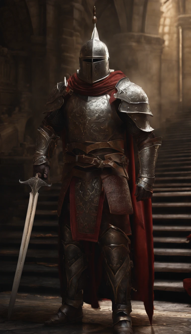 (Best quality,4K,8K,A high resolution,Masterpiece:1.2),Ultra-detailed,(Realistic,Photorealistic,photo-realistic:1.37),A sword-wielding demon armor warrior stood in the hall, Full body portrait of the mysterious knight, Wearing heavy armor,A sacred warrior wielding a legendary sword, Mythical warriors in full-body armor, A golden knight with divine armor, The helmet is decorated with the devil's horns, The eyes glow blood-red, Concept art for glorious figures, Crimson Armor Knight, Epic Paladin armor, Holy medieval knight, Kneel on one knee, Blades embedded in the earth, submission, Full body shot.