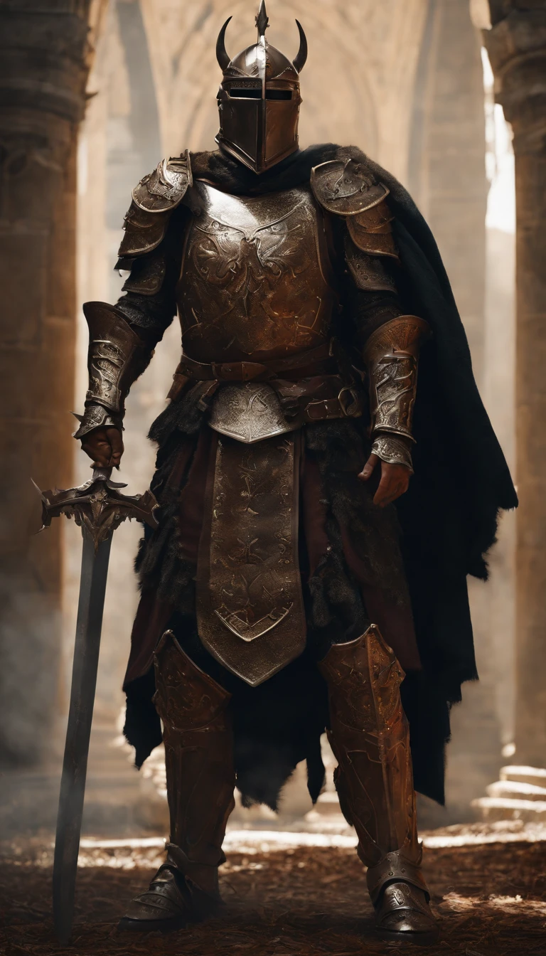 (Best quality,4K,8K,A high resolution,Masterpiece:1.2),Ultra-detailed,(Realistic,Photorealistic,photo-realistic:1.37),A sword-wielding demon armor warrior stood in the hall, Full body portrait of the mysterious knight, Wearing heavy armor，A sacred warrior wielding a legendary sword, Mythical warriors in full-body armor, A golden knight with divine armor, The helmet is decorated with the devil's horns, The eyes glow blood-red, Concept art for glorious figures, Crimson Armor Knight, Epic Paladin armor, Holy medieval knight, Kneel on one knee, Blades embedded in the earth, submission, Full body shot.