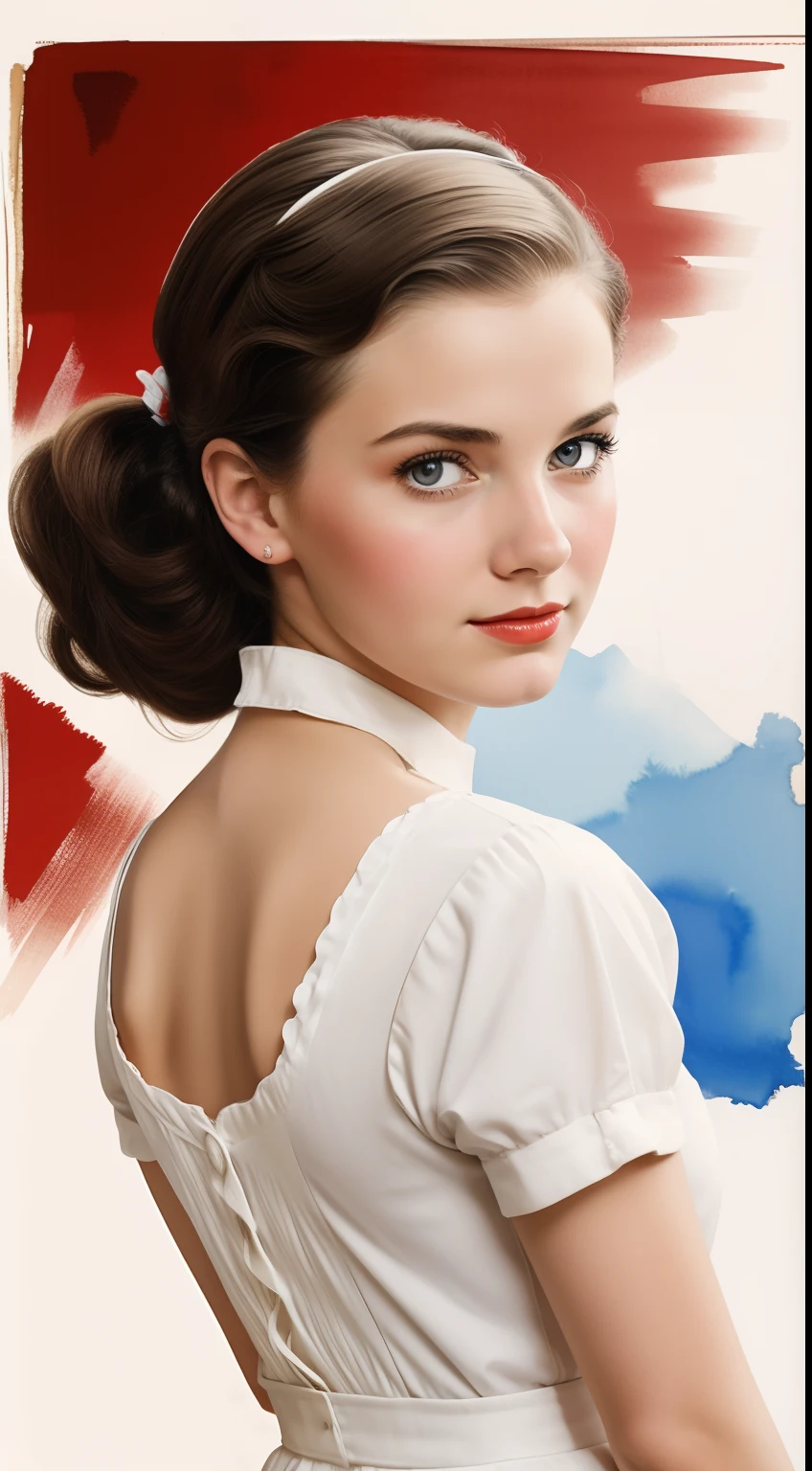 minimalist, 1950s Watercolor, Pen and Ink, a 25 years old girl in retro fashion, pin-up style, close-up, face shot
, depiction of rural life, light gray and light brown and red and white and blue, in the style of classical American, mottled, playful innocence, white dotted, cutout from white background, in the style of Norman Rockwell, masterpiece art work.