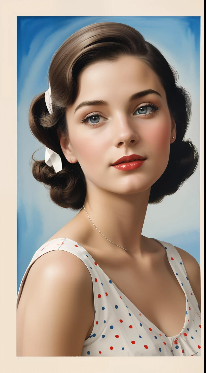 minimalist, 1950s Watercolor, Pen and Ink, a 25 years old girl in retro fashion, pin-up style, close-up, face shot
, depiction of rural life, light gray and light brown and red and white and blue, in the style of classical American, mottled, playful innocence, white dotted, cutout from white background, in the style of Norman Rockwell, masterpiece art work.