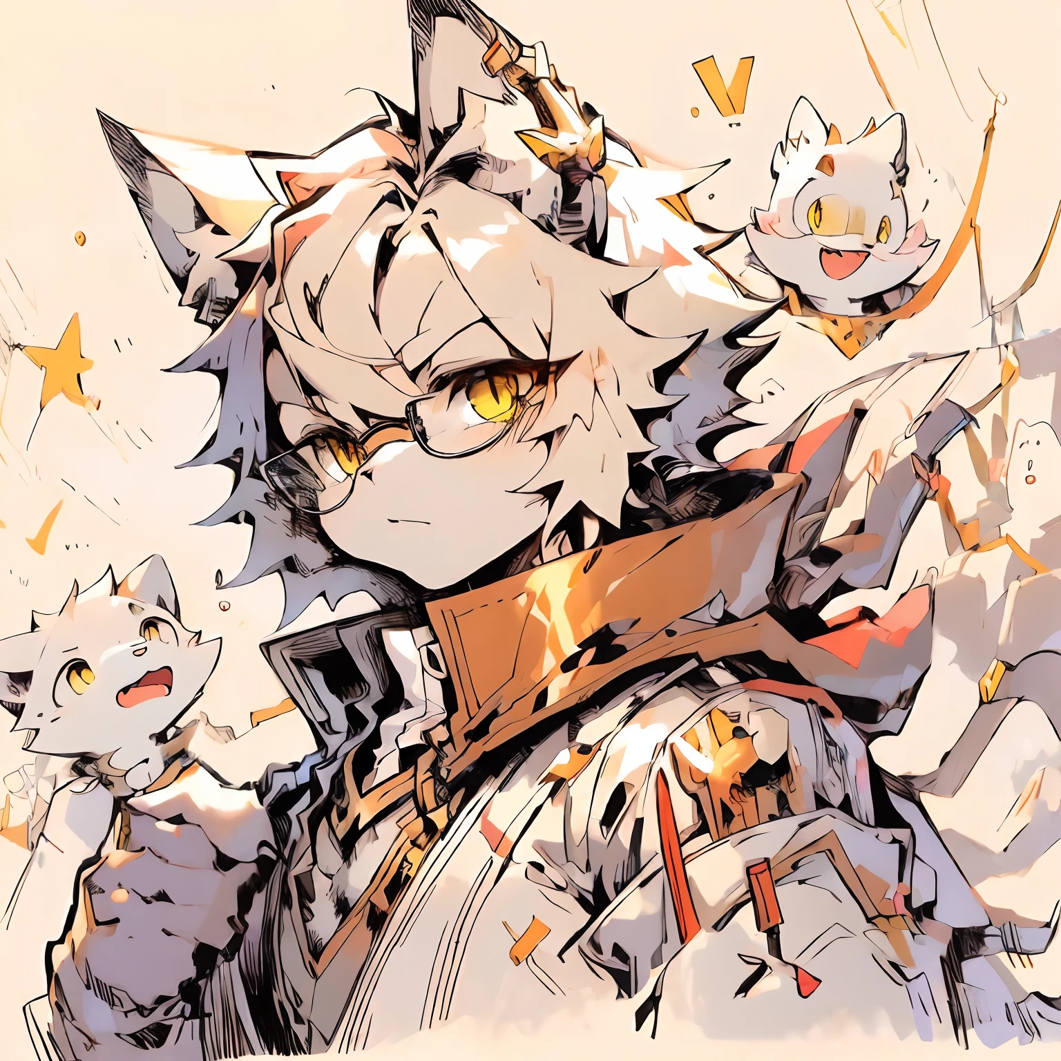 hairy chest，Male cats，Black and white fur，Golden eyes，Wearing gold wire glasses， coquetry
