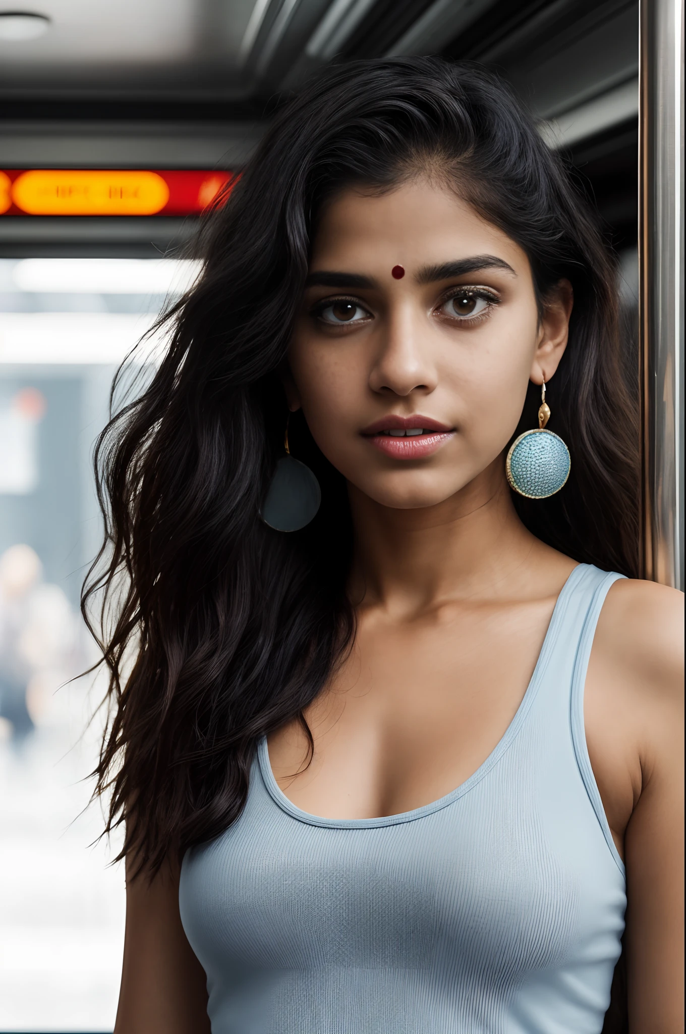 ((Indian )), beautiful girl, freckles on her face, light blue eyes, large earrings, white tank top, square neckline, black leggings, no panties, realistic vagina, close-up from thighs to face, head shot short, very light skin, very long hair, wavy hair, red hair, busy subway car, photorealistic, indirect lighting, volumetric light, ray tracing, hyperdetailed, best quality, ultra-high resolution, HDR, 8k