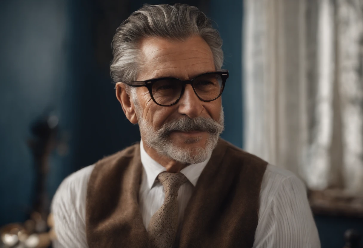 portrait of a father,handsome man,kind eyes,wise smile,gentle personality,dark hair,beard and mustache,dapper attire,shades of blue and gray,professional lighting,subtle background,medium:oil painting,high resolution,vivid colors,warm color tones,subtle shadows,ultra-detailed,photorealistic,studio quality,sharp focus,bokeh,realistic skin texture,artistic brushstrokes,emotionally expressive face,carefully crafted details,subtle play of light and shadow,thoughtful gaze,sense of serenity,love and wisdom,contrast between soft and strong features,aging gracefully,loving father with a touch of authority,creating a timeless masterpiece