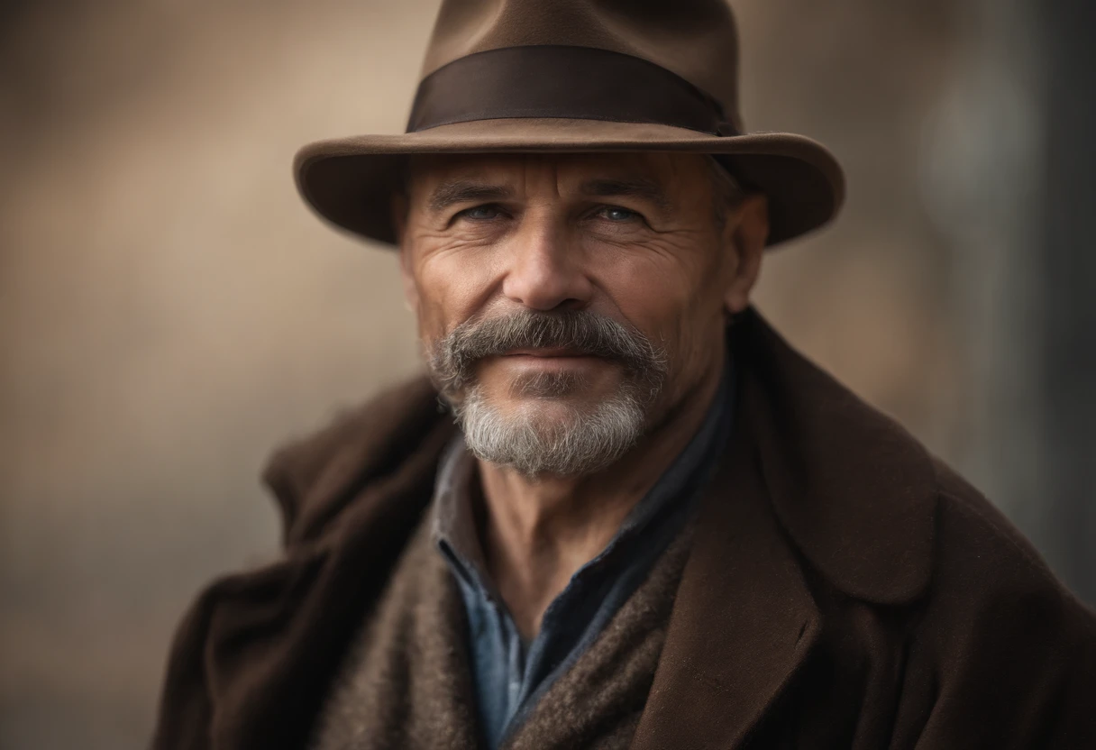 portrait of a father,handsome man,kind eyes,wise smile,gentle personality,dark hair,beard and mustache,dapper attire,shades of blue and gray,professional lighting,subtle background,medium:oil painting,high resolution,vivid colors,warm color tones,subtle shadows,ultra-detailed,photorealistic,studio quality,sharp focus,bokeh,realistic skin texture,artistic brushstrokes,emotionally expressive face,carefully crafted details,subtle play of light and shadow,thoughtful gaze,sense of serenity,love and wisdom,contrast between soft and strong features,aging gracefully,loving father with a touch of authority,creating a timeless masterpiece