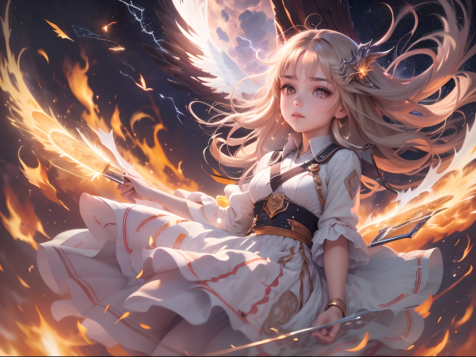 A girl,Long hair flying,white skirt, Sit on the fire phoenix, mid air, salama,meteors, Glare