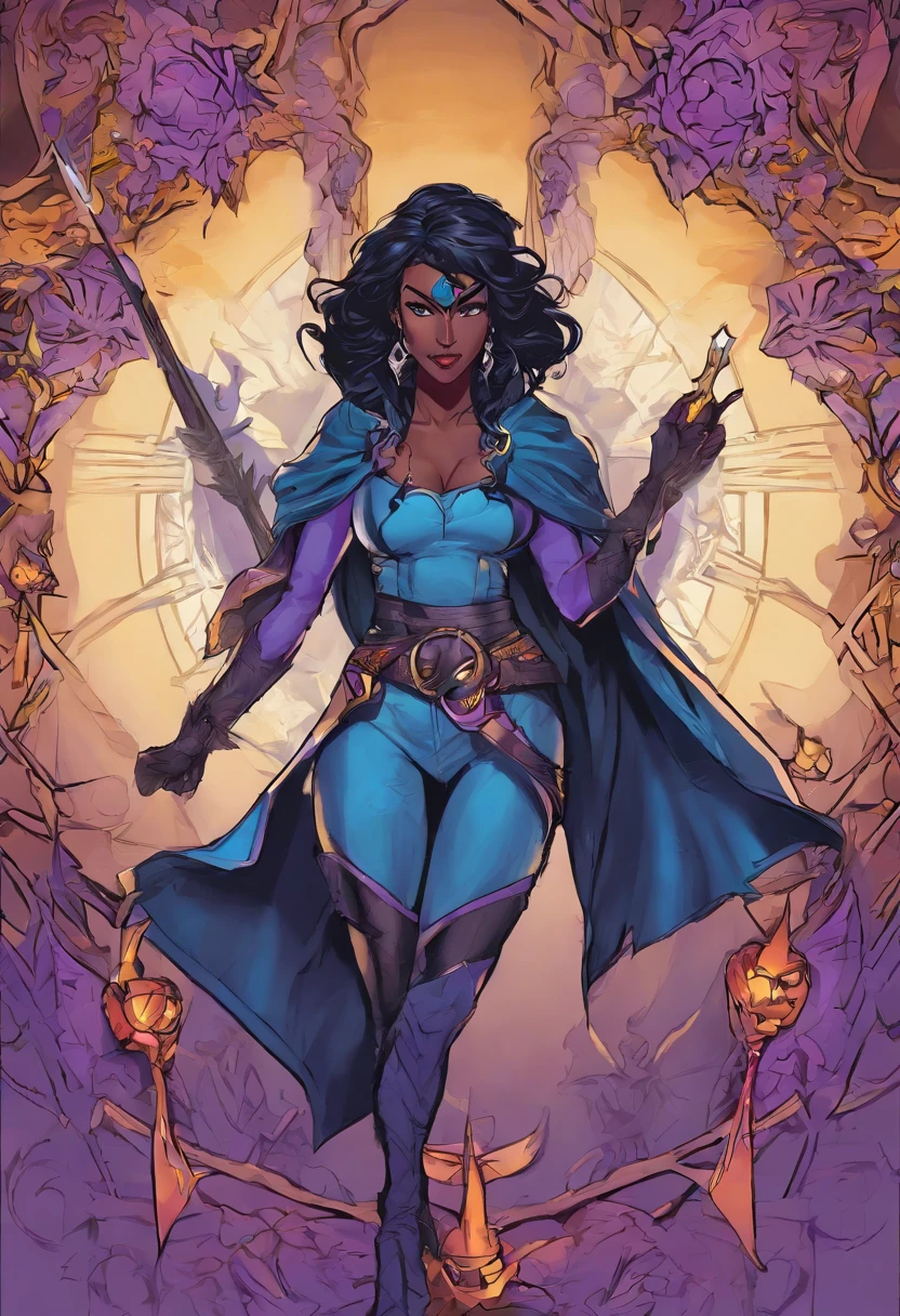 female, drow, sorcerer, young, innocent looking, brown eyes, black hair, purple skin, pointed ears, highly detailed,