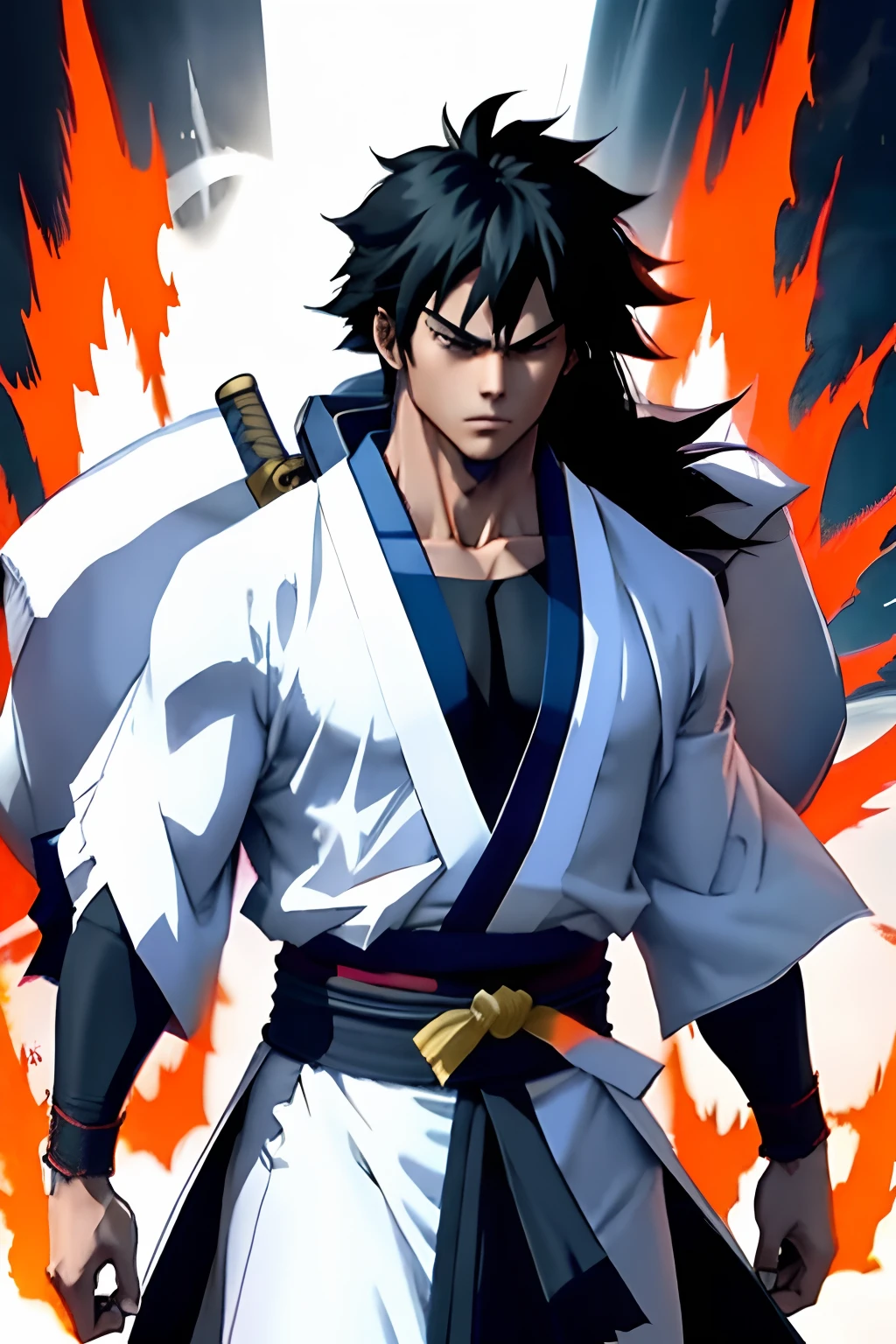 1boy, muscular young body, serious face, long dark hair, dark eyes, wearing a samurai white kimono, carrying a huge european longsword, white power aura, vibrant colors