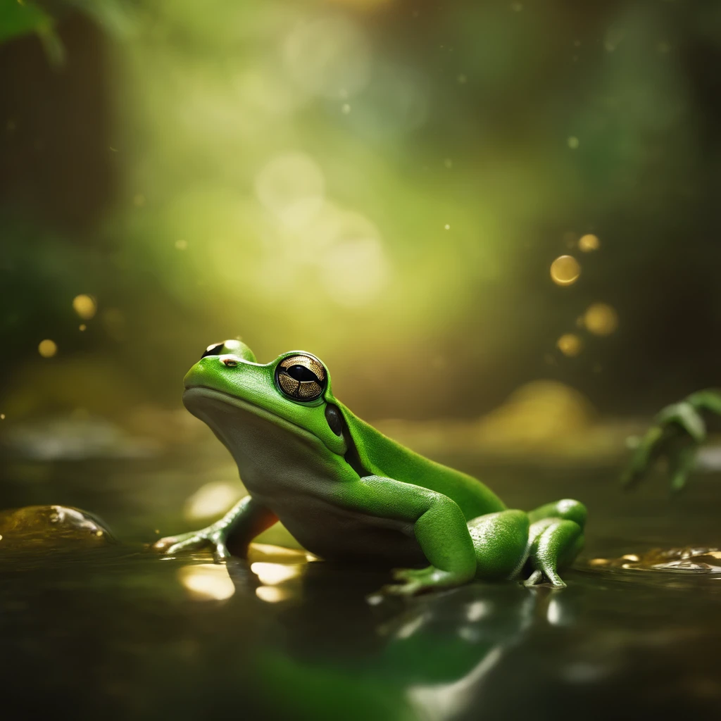 microcosm , Masterpiece , macro photography , cobweb, filmgrain, Bokeh , Smoke , Highly detailed, Sunny Sunny weather, Microflower, The drops, bblurry, Close up of 1 realistic frog sitting on a lotus leaf:1.5, Azure background, subdued contrasts, rendering by octane , illusory engine
