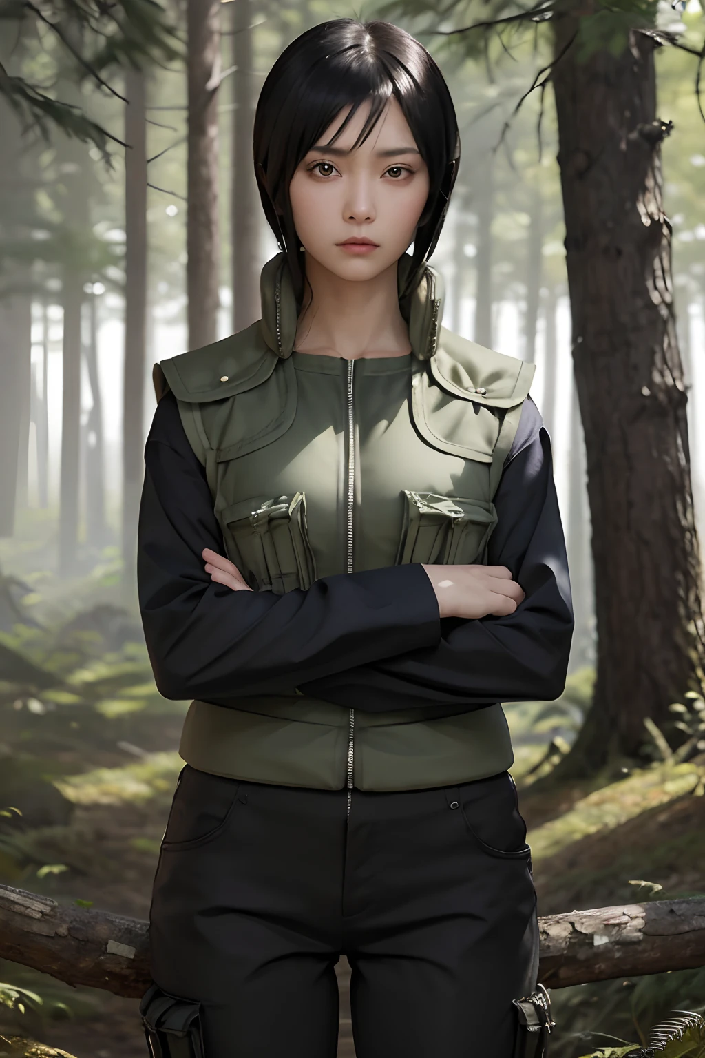 masterpiece, best quality, shizune, vest, long sleeves, pants, looking at viewer, forest, serious, cowboy shot, crossed arms, 1girl ,realistic ,