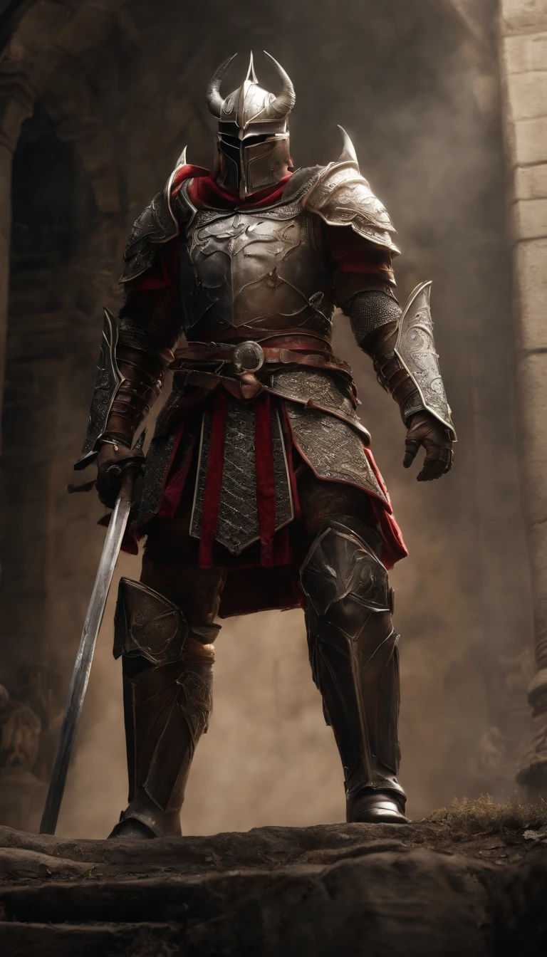 (Best quality,4K,8K,A high resolution,Masterpiece:1.2),Ultra-detailed,(Realistic,Photorealistic,photo-realistic:1.37),A sword-wielding demon armor warrior stood in the hall, Full body portrait of the mysterious knight, Wearing heavy armor，A sacred warrior wielding a legendary sword, Mythical warriors in full-body armor, A golden knight with divine armor, The helmet is decorated with the devil's horns, The eyes glow blood-red, Concept art for glorious figures, Crimson Armor Knight, Epic Paladin armor, Holy medieval knight, Kneel on one knee, Blades embedded in the earth, submission, Full body shot.