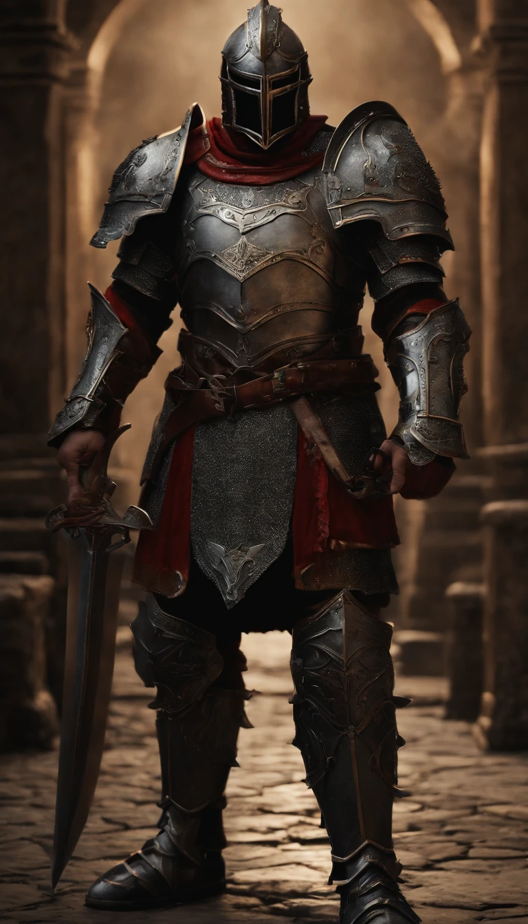 (Best quality,4K,8K,A high resolution,Masterpiece:1.2),Ultra-detailed,(Realistic,Photorealistic,photo-realistic:1.37),A sword-wielding demon armor warrior stood in the hall, Full body portrait of the mysterious knight, Wearing heavy armor,A sacred warrior wielding a legendary sword, Mythical warriors in full-body armor, A golden knight with divine armor, The helmet is decorated with the devil's horns, The eyes glow blood-red, Concept art for glorious figures, Crimson Armor Knight, Epic Paladin armor, Holy medieval knight, Kneel on one knee, Blades embedded in the earth, submission, Full body shot.