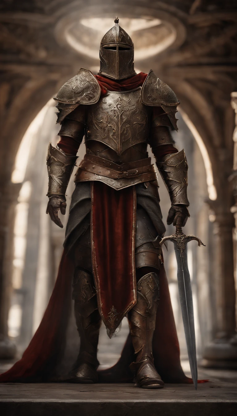 (Best quality,4K,8K,A high resolution,Masterpiece:1.2),Ultra-detailed,(Realistic,Photorealistic,photo-realistic:1.37),A sword-wielding demon armor warrior stood in the hall, Full body portrait of the mysterious knight, Wearing heavy armor，A sacred warrior wielding a legendary sword, Mythical warriors in full-body armor, A golden knight with divine armor, The helmet is decorated with the devil's horns, The eyes glow blood-red, Concept art for glorious figures, Crimson Armor Knight, Epic Paladin armor, Holy medieval knight, Kneel on one knee, Blades embedded in the earth, submission, Full body shot.
