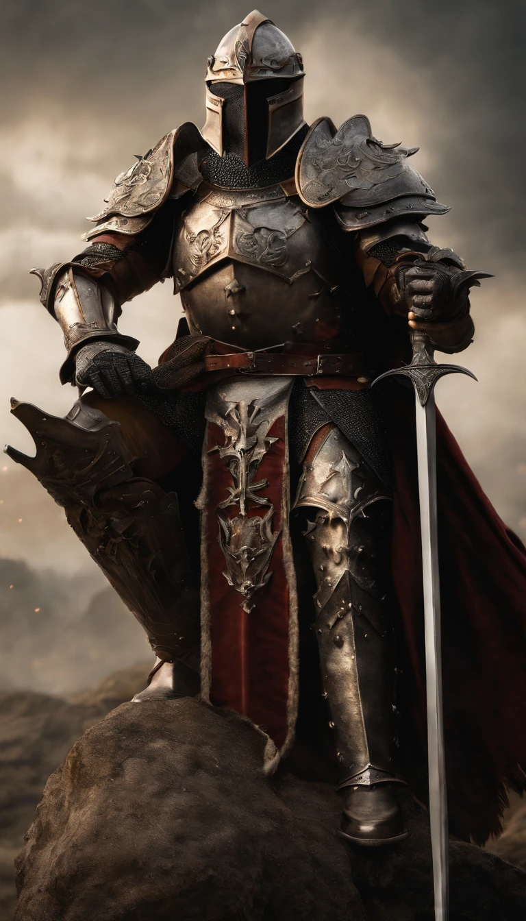 (Best quality,4K,8K,A high resolution,Masterpiece:1.2),Ultra-detailed,(Realistic,Photorealistic,photo-realistic:1.37),A sword-wielding demon armor warrior stood in the hall, Full body portrait of the mysterious knight, Wearing heavy armor，A sacred warrior wielding a legendary sword, Mythical warriors in full-body armor, A golden knight with divine armor, The helmet is decorated with the devil's horns, The eyes glow blood-red, Concept art for glorious figures, Crimson Armor Knight, Epic Paladin armor, Holy medieval knight, Kneel on one knee, Blades embedded in the earth, submission, Full body shot.
