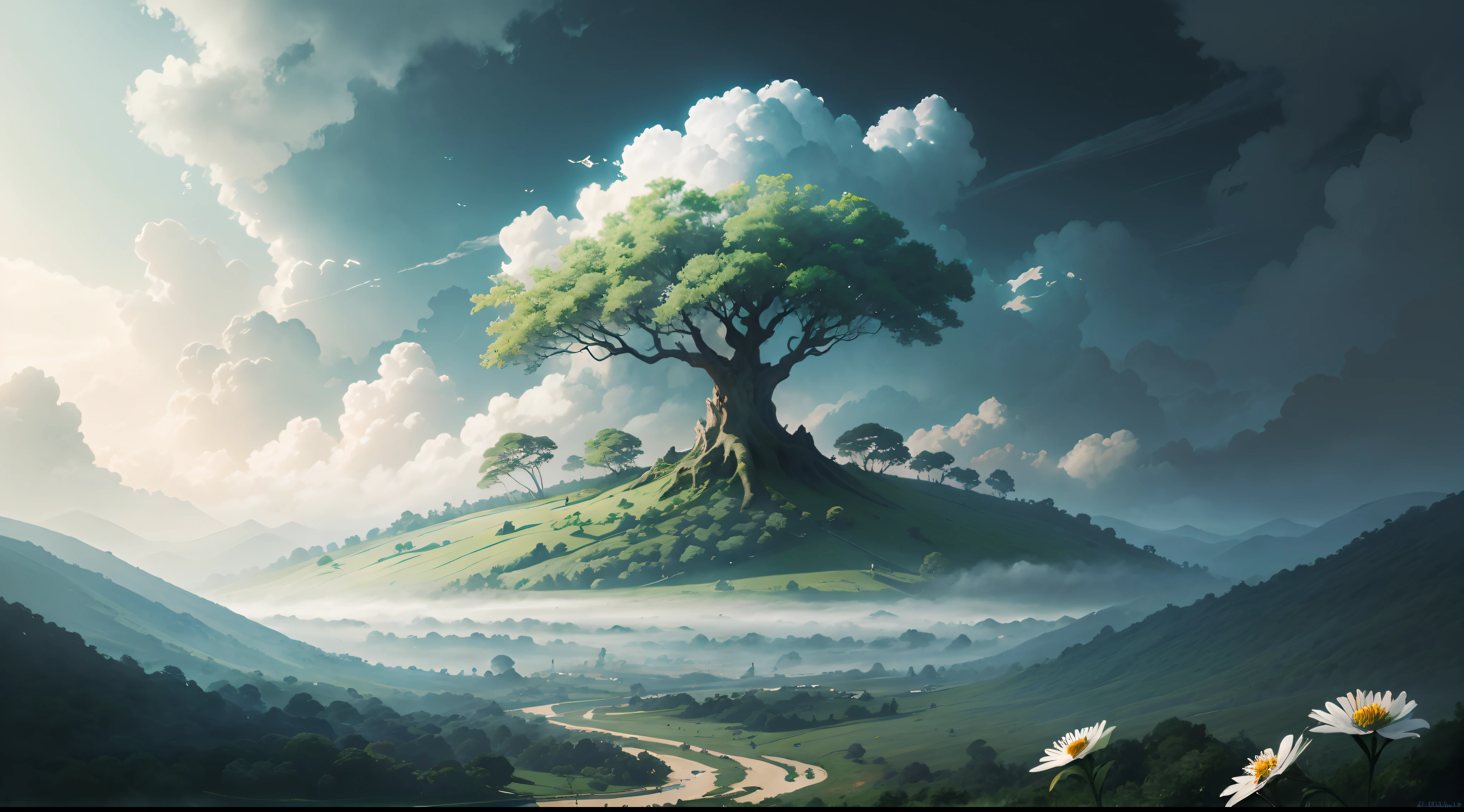 Masterpiece, 8K，Best quality, Studio lighting,White wildflowers，Cloudy, dense fog，The world tree looming in the distance and the town under the tree，jungles，Small rivers, lighting