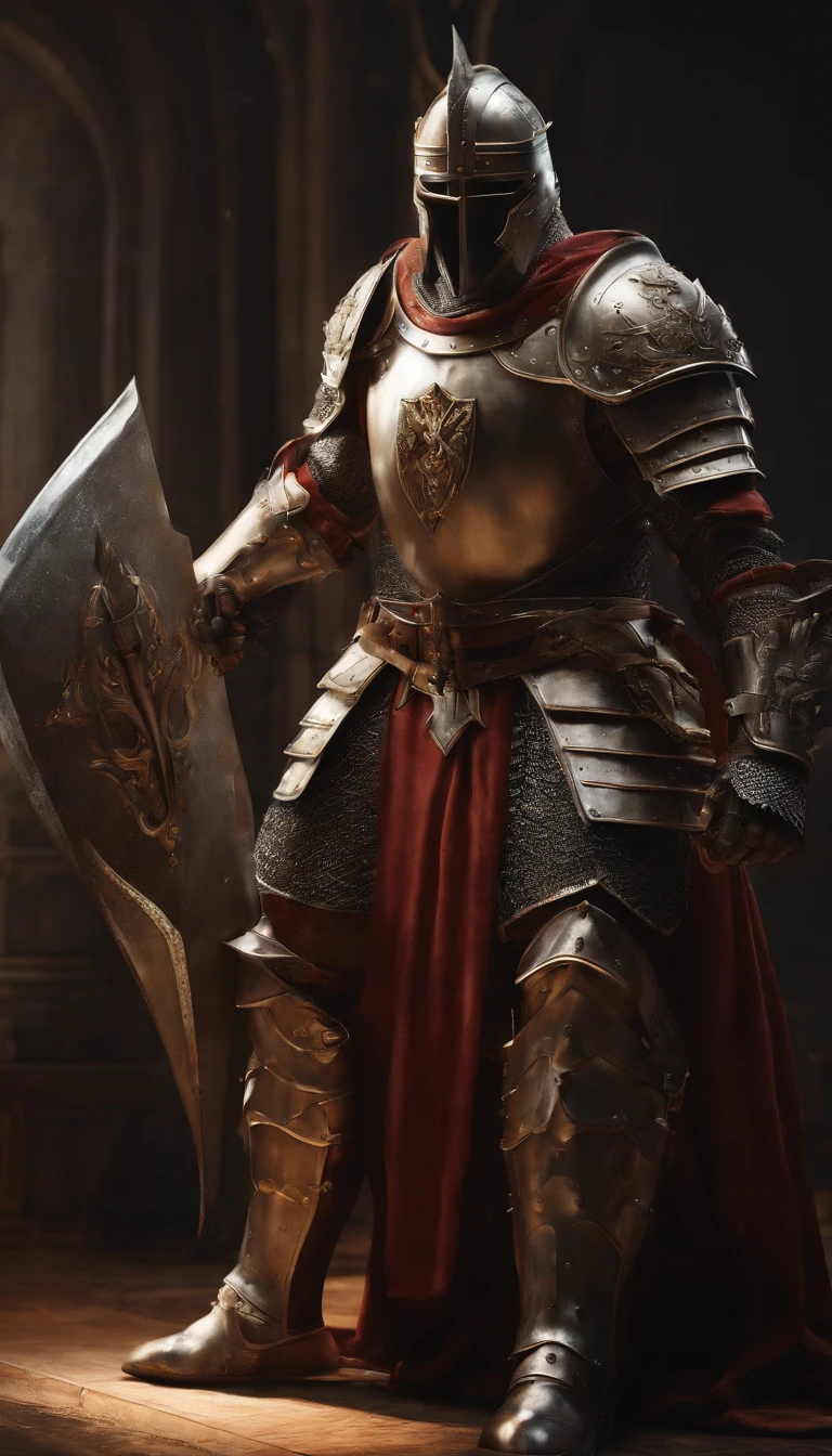 (Best quality,4K,8K,A high resolution,Masterpiece:1.2),Ultra-detailed,(Realistic,Photorealistic,photo-realistic:1.37),A sword-wielding demon armor warrior stood in the hall, Full body portrait of the mysterious knight, Wearing heavy armor,A sacred warrior wielding a legendary sword, Mythical warriors in full-body armor, A golden knight with divine armor, The helmet is decorated with the devil's horns, The eyes glow blood-red, Concept art for glorious figures, Crimson Armor Knight, Epic Paladin armor, Holy medieval knight, Kneel on one knee, Blades embedded in the earth, submission, Full body shot.