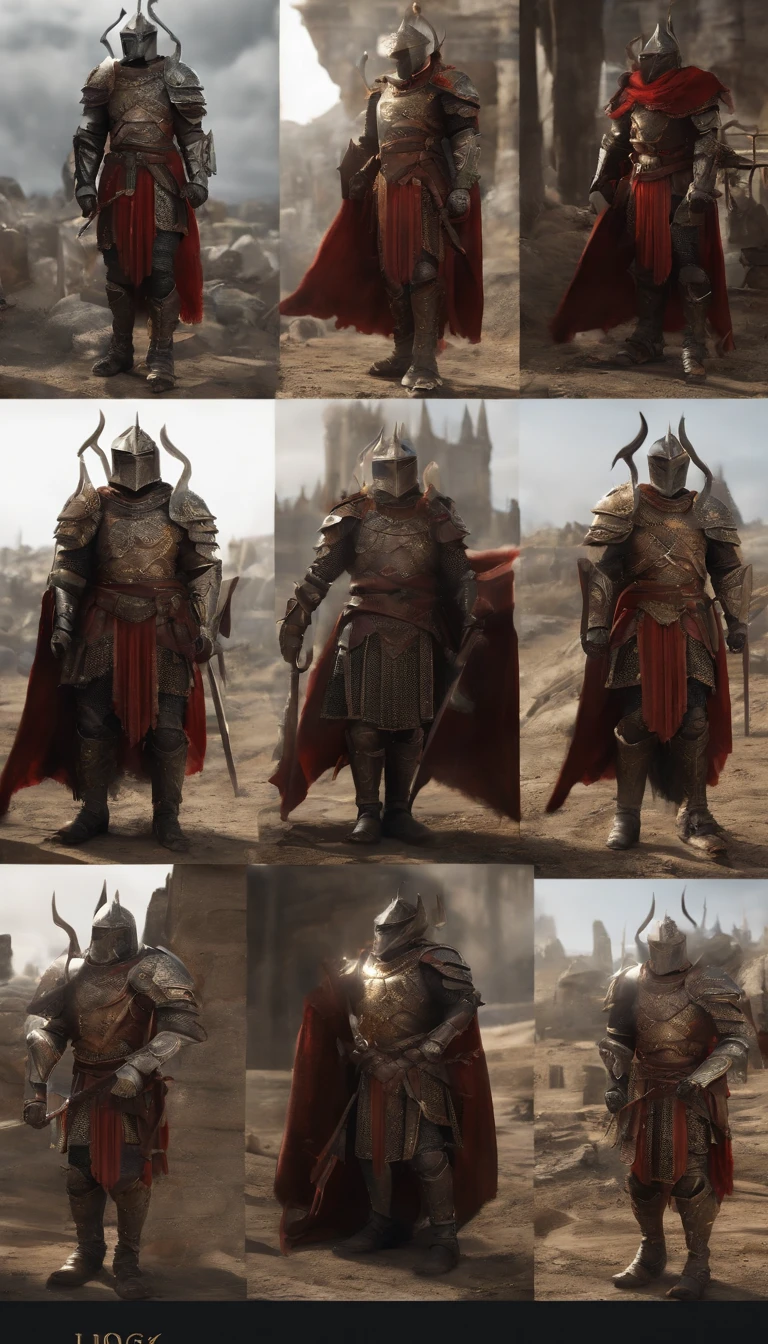 (Best quality,4K,8K,A high resolution,Masterpiece:1.2),Ultra-detailed,(Realistic,Photorealistic,photo-realistic:1.37),A sword-wielding demon armor warrior stood in the hall, Full body portrait of the mysterious knight, Wearing heavy armor,A sacred warrior wielding a legendary sword, Mythical warriors in full-body armor, A golden knight with divine armor, The helmet is decorated with the devil's horns, The eyes glow blood-red, Concept art for glorious figures, Crimson Armor Knight, Epic Paladin armor, Holy medieval knight, Kneel on one knee, Blades embedded in the earth, submission, Full body shot.