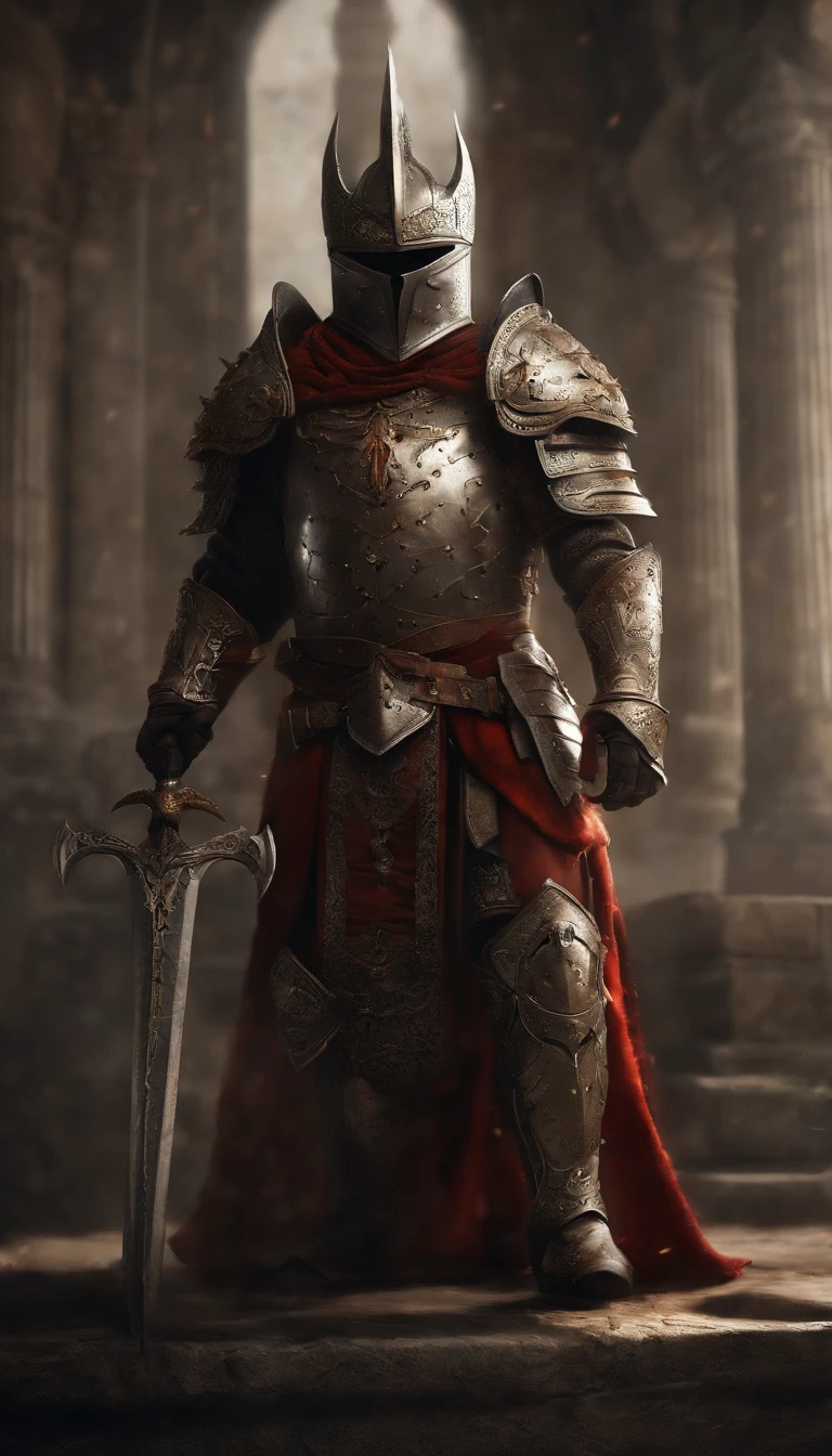 (Best quality,4K,8K,A high resolution,Masterpiece:1.2),Ultra-detailed,(Realistic,Photorealistic,photo-realistic:1.37),A sword-wielding demon armor warrior stood in the hall, Full body portrait of the mysterious knight, Wearing heavy armor，A sacred warrior wielding a legendary sword, Mythical warriors in full-body armor, A golden knight with divine armor, The helmet is decorated with the devil's horns, The eyes glow blood-red, Concept art for glorious figures, Crimson Armor Knight, Epic Paladin armor, Holy medieval knight, Kneel on one knee, Blades embedded in the earth, submission, Full body shot.