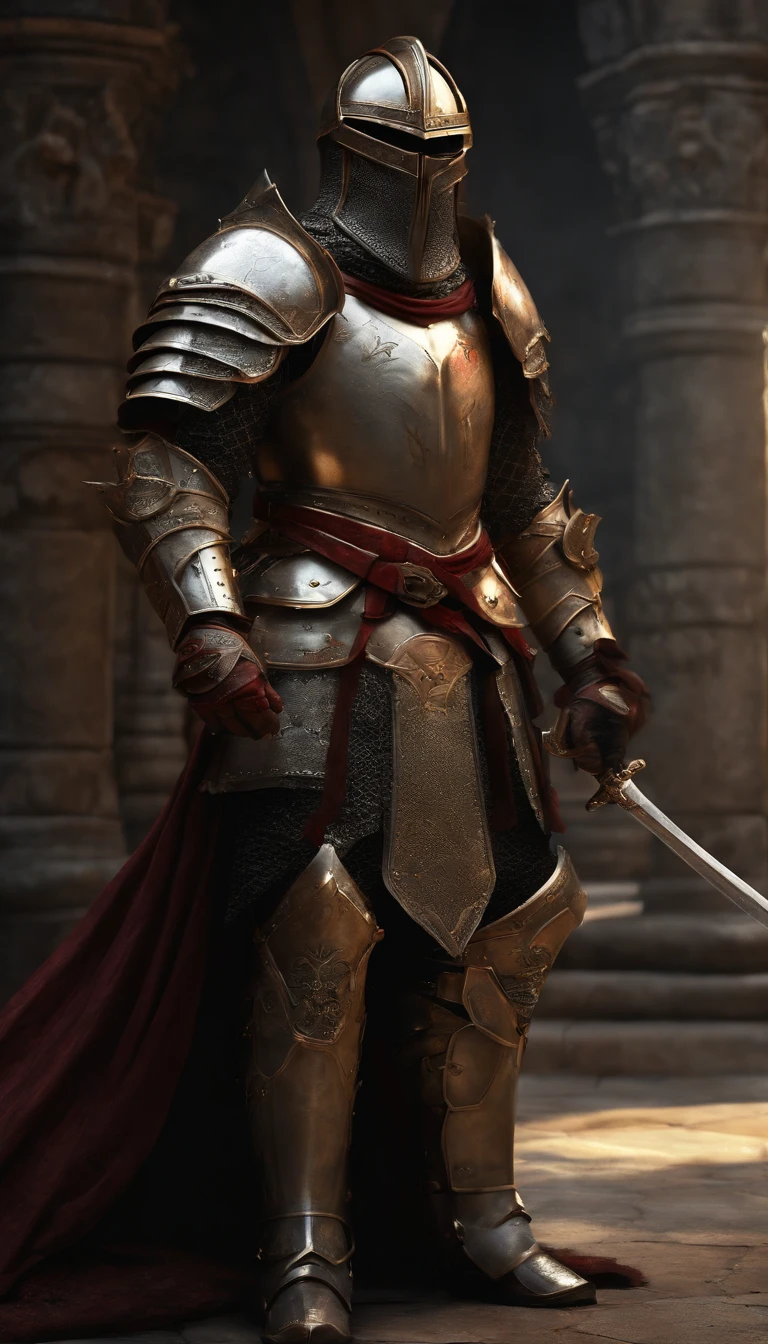 (Best quality,4K,8K,A high resolution,Masterpiece:1.2),Ultra-detailed,(Realistic,Photorealistic,photo-realistic:1.37),A sword-wielding demon armor warrior stood in the hall, Full body portrait of the mysterious knight, Wearing heavy armor,A sacred warrior wielding a legendary sword, Mythical warriors in full-body armor, A golden knight with divine armor, The helmet is decorated with the devil's horns, The eyes glow blood-red, Concept art for glorious figures, Crimson Armor Knight, Epic Paladin armor, Holy medieval knight, Kneel on one knee, Blades embedded in the earth, submission, Full body shot.