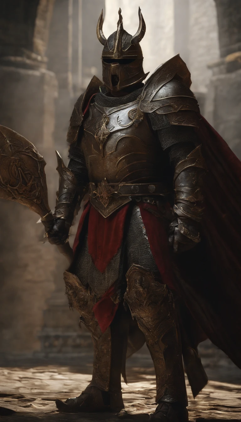 (Best quality,4K,8K,A high resolution,Masterpiece:1.2),Ultra-detailed,(Realistic,Photorealistic,photo-realistic:1.37),A sword-wielding demon armor warrior stood in the hall, Full body portrait of the mysterious knight, Wearing heavy armor，A sacred warrior wielding a legendary sword, Mythical warriors in full-body armor, A golden knight with divine armor, The helmet is decorated with the devil's horns, The eyes glow blood-red, Concept art for glorious figures, Crimson Armor Knight, Epic Paladin armor, Holy medieval knight, Kneel on one knee, Blades embedded in the earth, submission, Full body shot.
