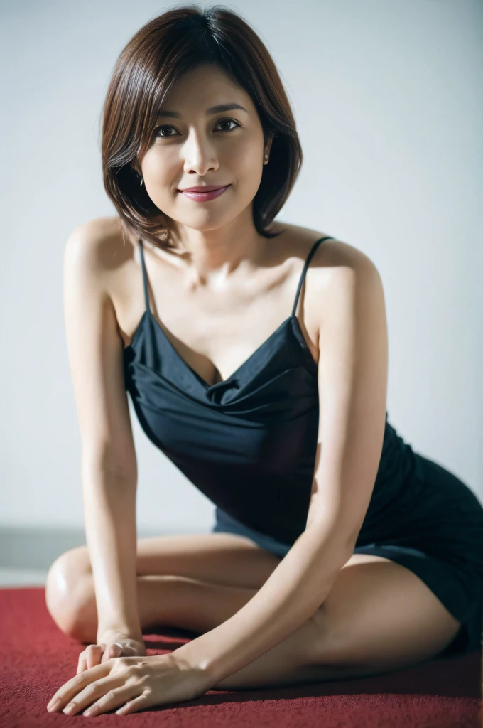 ((Best Quality, 8k, Masterpiece, Portrait: 1.3)), (looking at viewer),Photorealistic, Sharp Focus, 1 Beautiful Japanese Milf, ((wearing only camisole, only stained pantie)), Clothes with Cleavage View, 30 Years Old, Wavy Hair, ((Open your legs wide:1.5, Sit one knee up:1.5, show crotch)), (loose waist:0.5), darkness room, (open mouth:0.7),
