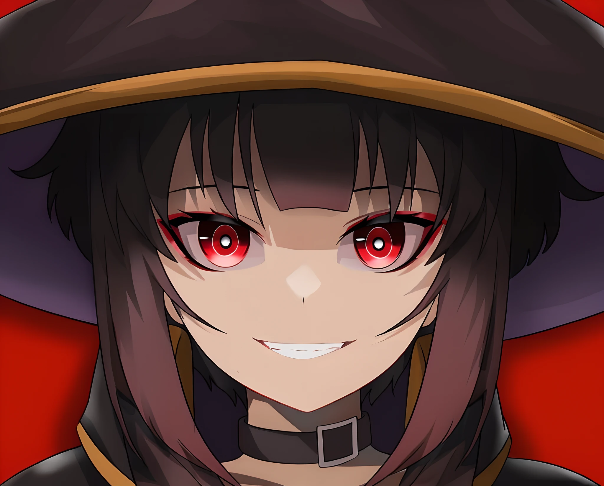 Anime girl with red eyes wearing a hat and a black outfit, Retrato Gapmoe Yandere Grimdark, Megumin, Matoi Ryuko, Gapmoe Yandere Grimdark, [[[[sorrindo malvado]]]], Preto - Mago Cabelo, anime moe artstyle, reimu hakurei, atraente matoi ryuko