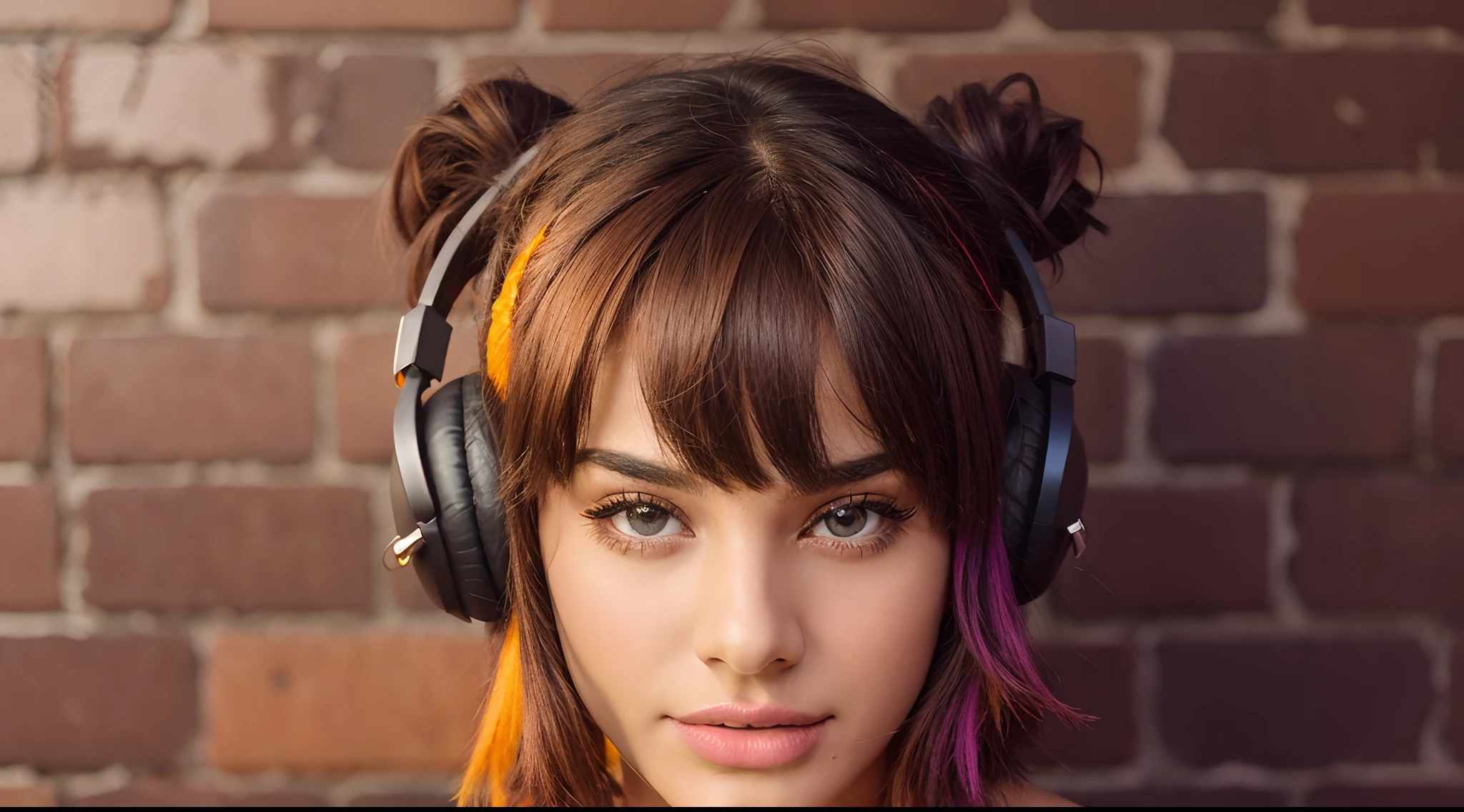 camila bernal dj com cabelo loiro e olhos azuis , cenario de estudio com cores neon