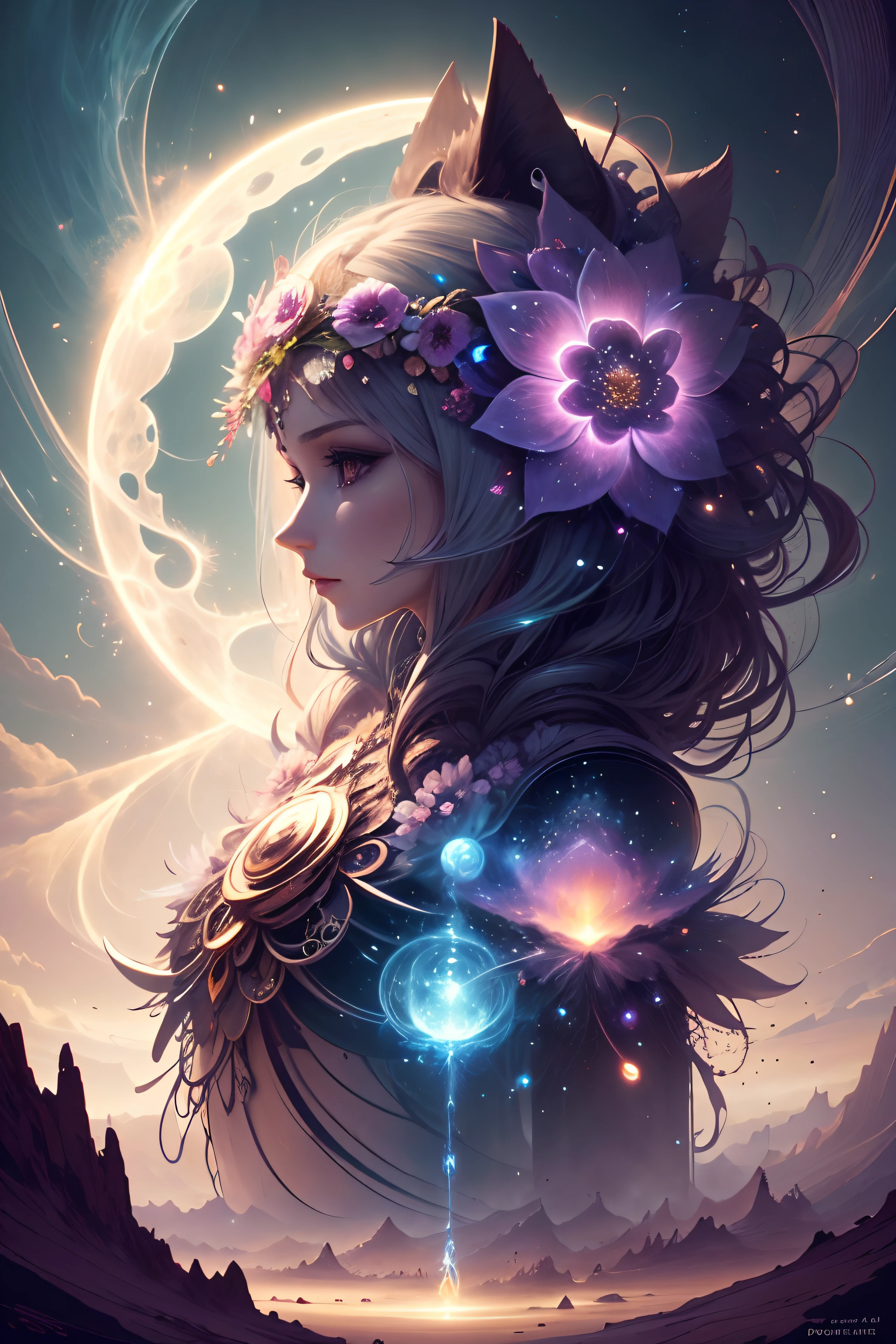 Digital art, by IrinaKapi.
Anthropomorphic flower, a fantasy abstraction. Close up. Bright. Beautiful.
This is a story about a divine flower in the middle of the desert. Fantasy night, full moon, surrealism, masterpiece, fairytale