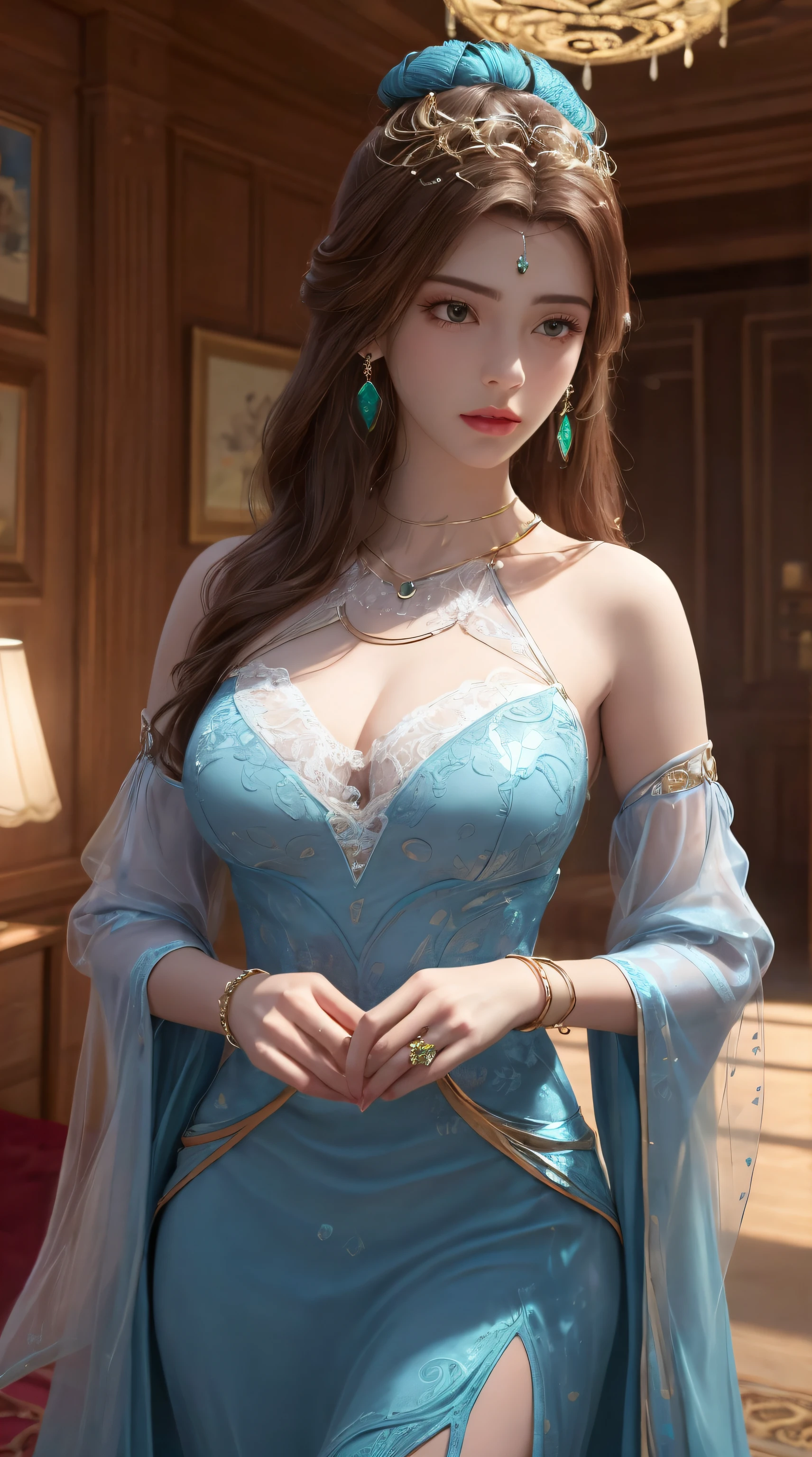 surreal 8k cg, perfect, clean, masterpiece, professional artwork, famous artwork, cinematic lighting, cinematic bloom,(see-through thin blue dress),(exposed) ,(nude), perfect face, beautiful face, fantasy, unreal, sci-fi, lace, lace trim,(super tight and round breasts: 1.8) cleavage, beautiful breasts, laced panties lace, luxury, jewelry, diamonds, gold, pearls, gemstones, sapphires, rubies, emeralds, intricate details, delicate patterns, graceful, seductive, captivating, erotic, enchantment, (hair ornaments), necklace, earrings, bracelet, bracelet, halo, fall, bored ring,(1girl , pov,best quality, ) , (1girl, solo, look at people see, ),