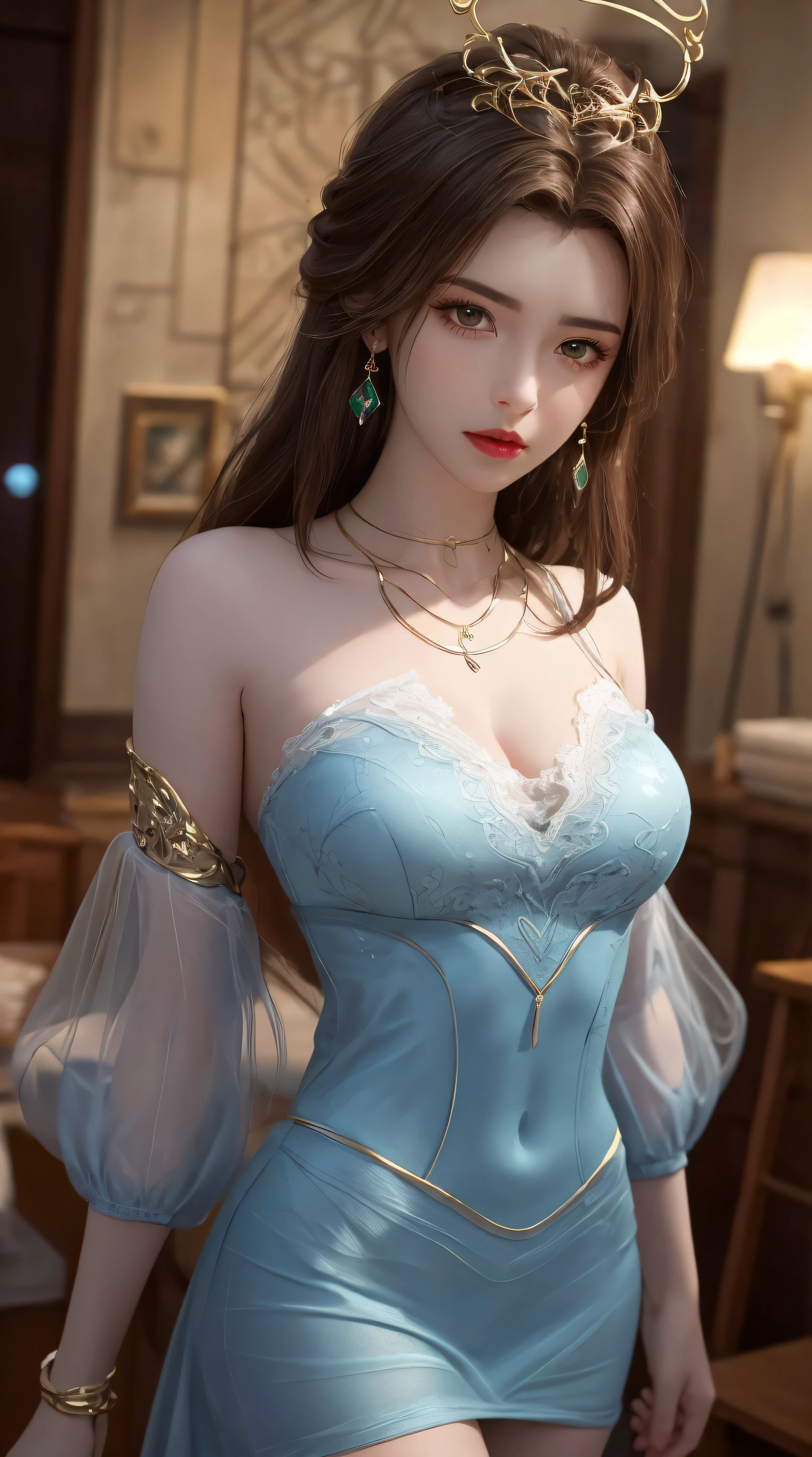 surreal 8k cg, perfect, clean, masterpiece, professional artwork, famous artwork, cinematic lighting, cinematic bloom,(see-through thin blue mini dress),(reveal ra),(nude), perfect face, beautiful face, (brown eye pupils: 1.5), fantasy, unreal, science fiction, lace, lace edges, (super tight and round breasts: 1.8) cleavage, beautiful breasts, lace panties, luxury, jewelry, diamonds, gold, pearls, gemstones, sapphires, rubies, emeralds, intricate details, delicate patterns, charm figure, charm, seductive, erotic, enchanting, (hair ornament), necklace, earrings, bracelet, bracelet, halo, fall, (bore ring),(1girl , pov,quality best, ), (1girl, solo, looking at viewer, ),