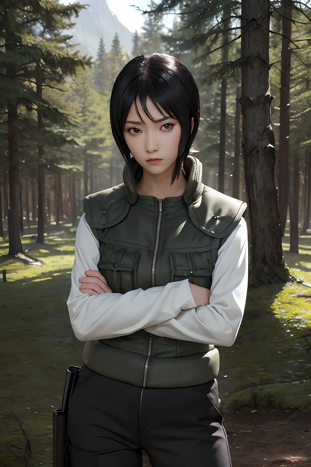 masterpiece, best quality, shizune, vest, long sleeves, pants, looking at viewer, forest, serious, cowboy shot, crossed arms, 1girl ,realistic ,
