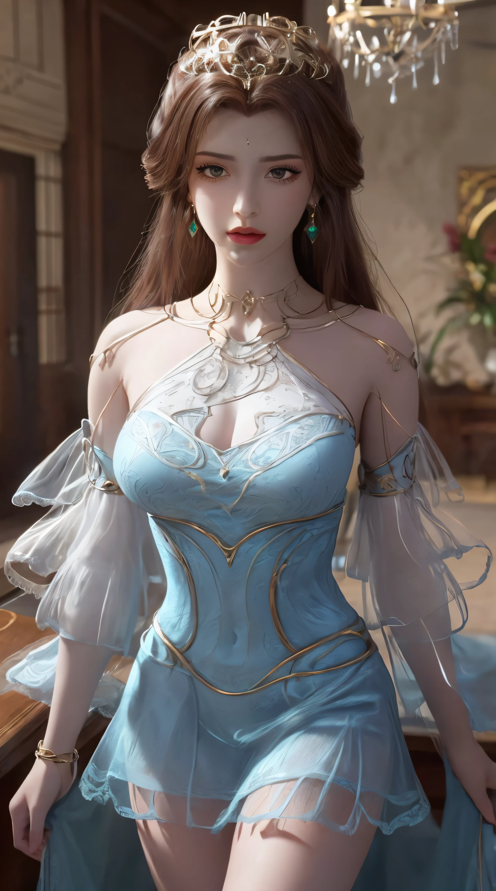 surreal 8k cg, perfect, clean, masterpiece, professional artwork, famous artwork, cinematic lighting, cinematic bloom,((see-through thin blue mini dress)), (exposed),(nude), perfect face, beautiful face, (brown eye pupils: 1.5), fantasy, unreal, science fiction, lace, lace trim, (super tight breasts and round: 1.8) cleavage, beautiful breasts, lace panties, luxury, jewelry, diamonds, gold, pearls, gemstones, sapphires, rubies, emeralds, intricate details, delicate patterns , graceful, seductive, seductive, erotic, enchanting, (hair ornaments), necklace, earrings, bracelet, bracelet, halo, fall, (bore ring),(1girl , pov, best quality, ), (1girl, solo, looking at viewer, ), (((nude)))