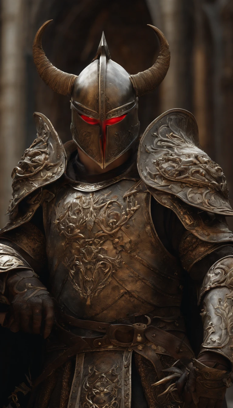 (Best quality,4K,8K,A high resolution,Masterpiece:1.2),Ultra-detailed,(Realistic,Photorealistic,photo-realistic:1.37),A sword-wielding demon armor warrior stood in the hall, Full body portrait of the mysterious knight, Wearing heavy armor,Behind him is a black cape with ornate patterns,A sacred warrior wielding a legendary sword, Mythical warriors in full-body armor, A golden knight with divine armor, The helmet is decorated with the devil's horns, The eyes glow blood-red, Concept art for glorious figures, Crimson Armor Knight, Epic Paladin armor, Holy medieval knight, Kneel on one knee, Blades embedded in the earth, submission, Full body shot.