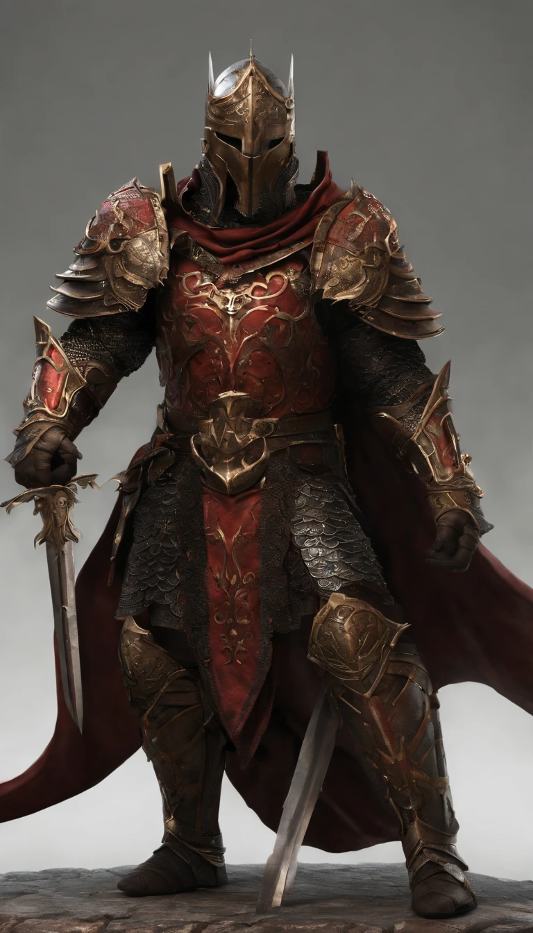 (Best quality,4K,8K,A high resolution,Masterpiece:1.2),Ultra-detailed,(Realistic,Photorealistic,photo-realistic:1.37),A sword-wielding demon armor warrior stood in the hall, Full body portrait of the mysterious knight, Wearing heavy armor，Behind him is a black cape with ornate patterns，A sacred warrior wielding a legendary sword, Mythical warriors in full-body armor, A golden knight with divine armor, The helmet is decorated with the devil's horns, The eyes glow blood-red, Concept art for glorious figures, Crimson Armor Knight, Epic Paladin armor, Holy medieval knight, Kneel on one knee, Blades embedded in the earth, submission, Full body shot.
