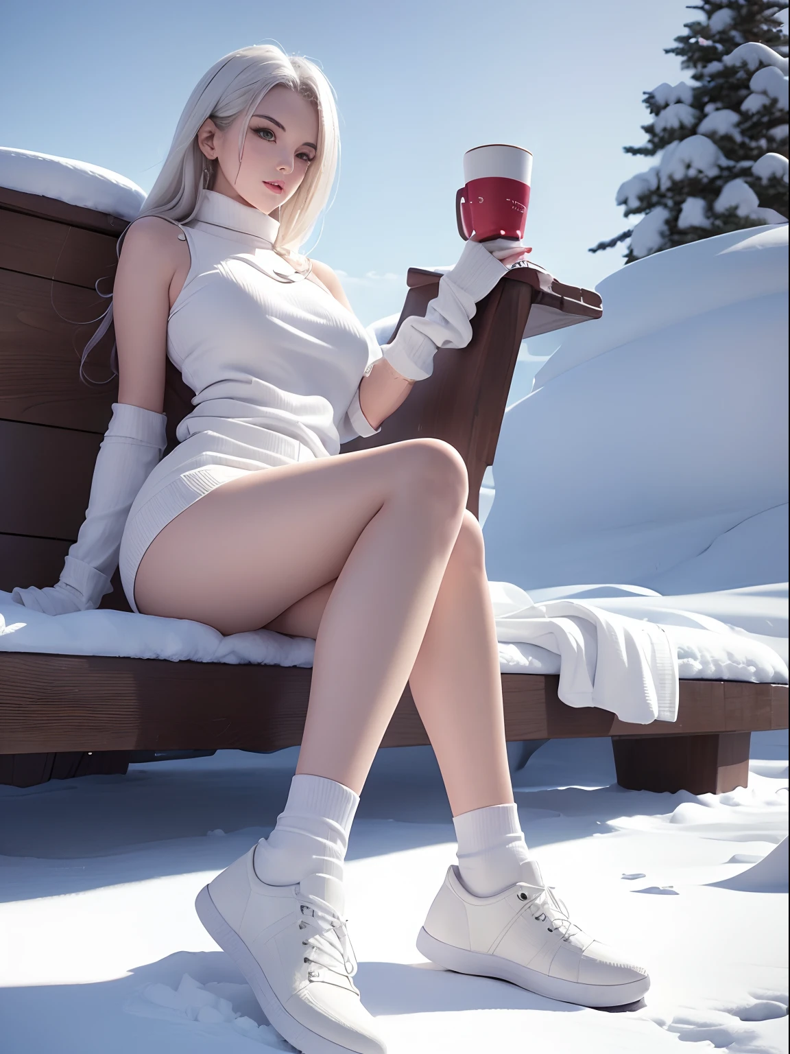 (best quality,highres:1.2),ultra-detailed,photo-realistic:1.37, panoramic, full-body, white-haired girl, under global illumination, unrealistically rendered, meticulously designed, ultra-fine details, ultra-high resolution, roasting fire in a snowy landscape, wearing a white tight sleeveless sweater, white gloves, white sneakers.