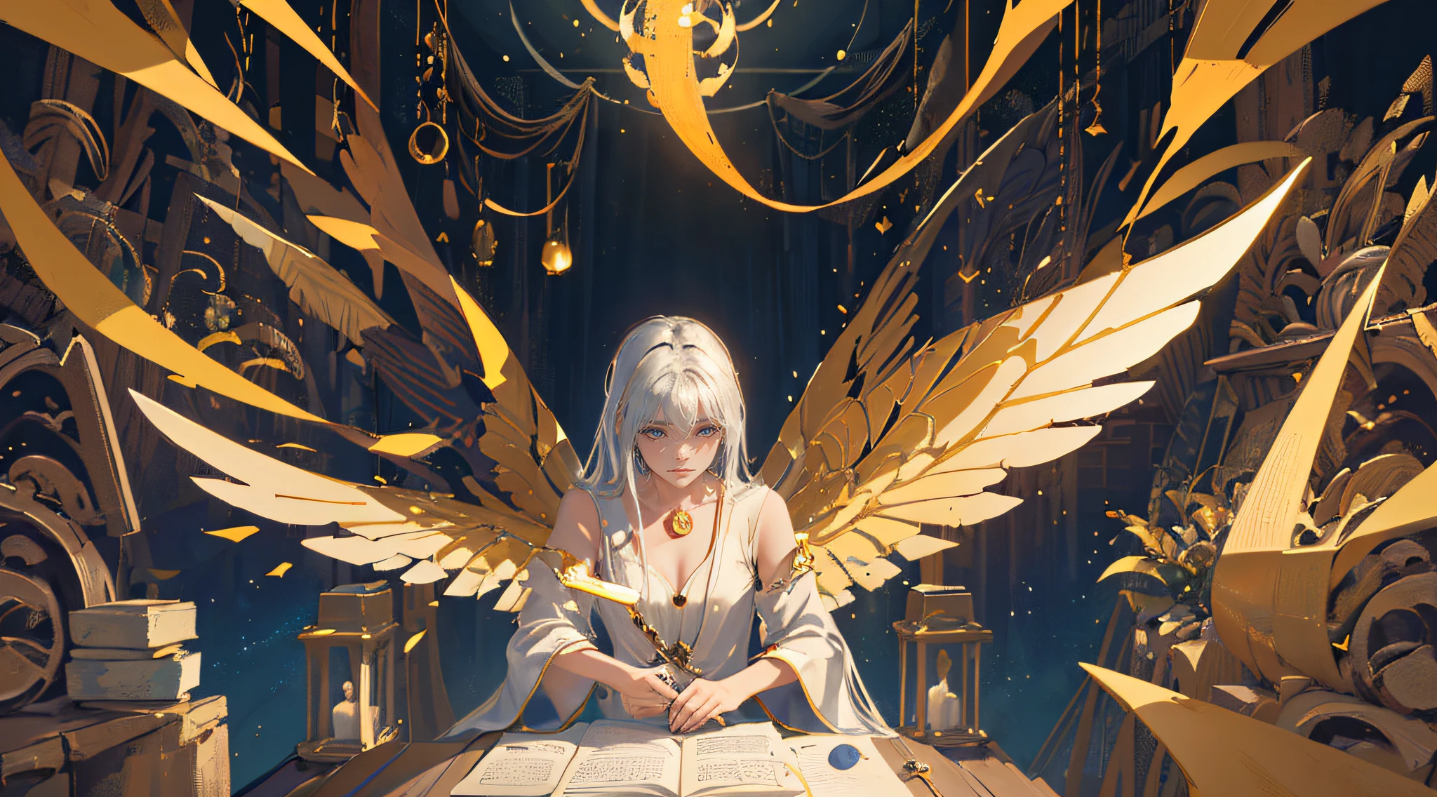 (best quality,highres:1.2),detailed depiction of contracts,ancient contracts,dark contracts,ominous contracts,gleaming contracts,binding contracts,ethereal contracts,translucent contracts,contractual power,hall of contracts,celestial contracts,mythical contracts,divine contracts,magical contracts,contractual ink,contracts written in gold ink,contracts with intricate symbols,contractual scrolls,contractual tablets,scrolls floating in the air,swirling contracts,dancing contracts,contracts forming wings,contracts forming a celestial being] ((SOLO)) Be aware of：This prompt contains the main body of the picture（God Of Contracts, Deity of Contracts, Flying contracts）and materials（best quality, highres:1.2）。among others，Additional details（detailed depiction of contracts, ancient contracts, dark contracts, ominous contracts, gleaming contracts）Enhanced detail and atmosphere of the picture。Image quality label（best quality,highres:1.2）The high definition and high quality of the image are guaranteed。The art style is not specified，You can add it according to your imagination and needs。