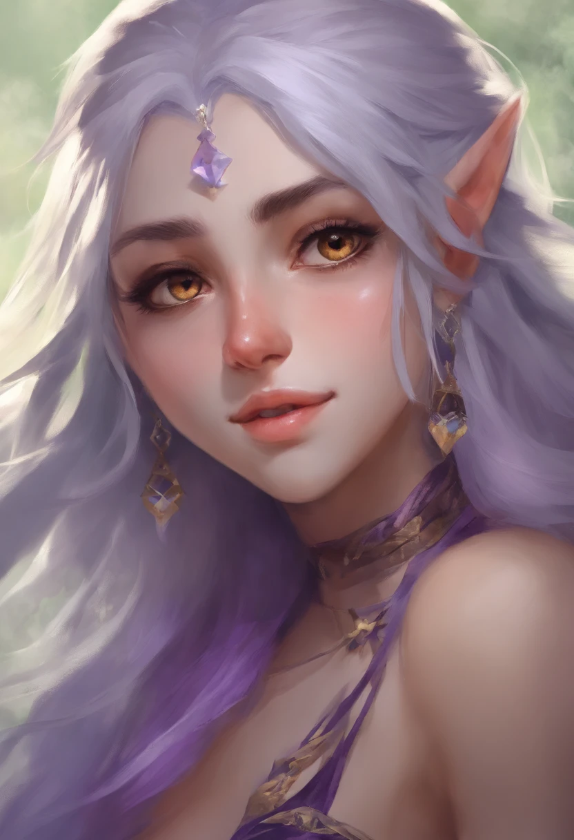 female, drow, sorcerer, young, innocent looking, brown eyes, black hair, dark purple skin, pointed ears, highest image quality, liang xing,