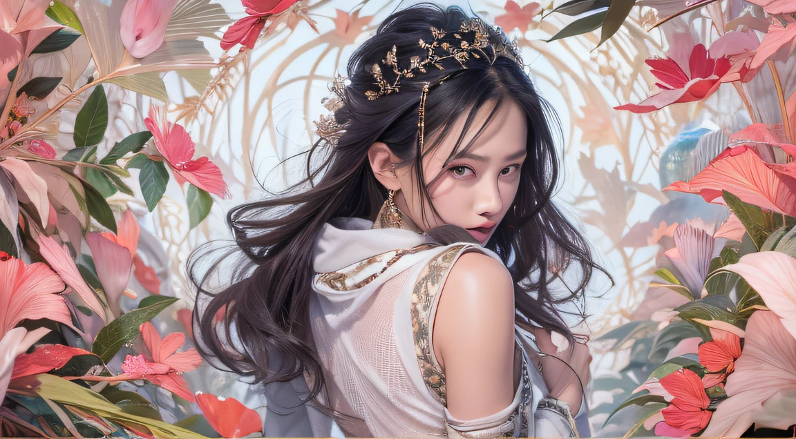 32K(tmasterpiece,k hd,hyper HD,32K)Long flowing black hair,ponds,zydink, a color, patriot (Silly girl), (Silk scarf), Combat posture, looking at the ground, long whitr hair, Floating hair, Carp pattern headdress, Chinese python pattern long-sleeved clothing, (Abstract gouache splash:1.2), Pink petal background,Osmanthus flowers flying(realisticlying:1.4),Black color hair,Fallen leaves flutter,The background is pure, A high resolution, the detail, RAW photogr, Sharp Re, Nikon D850 Film Stock Photo by Jefferies Lee 4 Kodak Portra 400 Camera F1.6 shots, Rich colors, ultra-realistic vivid textures, Dramatic lighting, Unreal Engine Art Station Trend, cinestir 800,Long flowing black hair