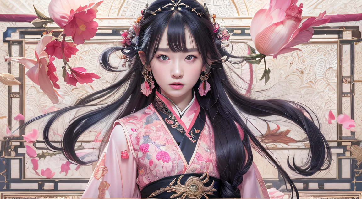 32K(tmasterpiece,k hd,hyper HD,32K)Long flowing black hair,ponds,zydink, a color, patriot (Silly girl), (Silk scarf), Combat posture, looking at the ground, long whitr hair, Floating hair, Carp pattern headdress, Chinese python pattern long-sleeved clothing, (Abstract gouache splash:1.2), Pink petal background,Osmanthus flowers flying(realisticlying:1.4),Black color hair,Fallen leaves flutter,The background is pure, A high resolution, the detail, RAW photogr, Sharp Re, Nikon D850 Film Stock Photo by Jefferies Lee 4 Kodak Portra 400 Camera F1.6 shots, Rich colors, ultra-realistic vivid textures, Dramatic lighting, Unreal Engine Art Station Trend, cinestir 800,Long flowing black hair