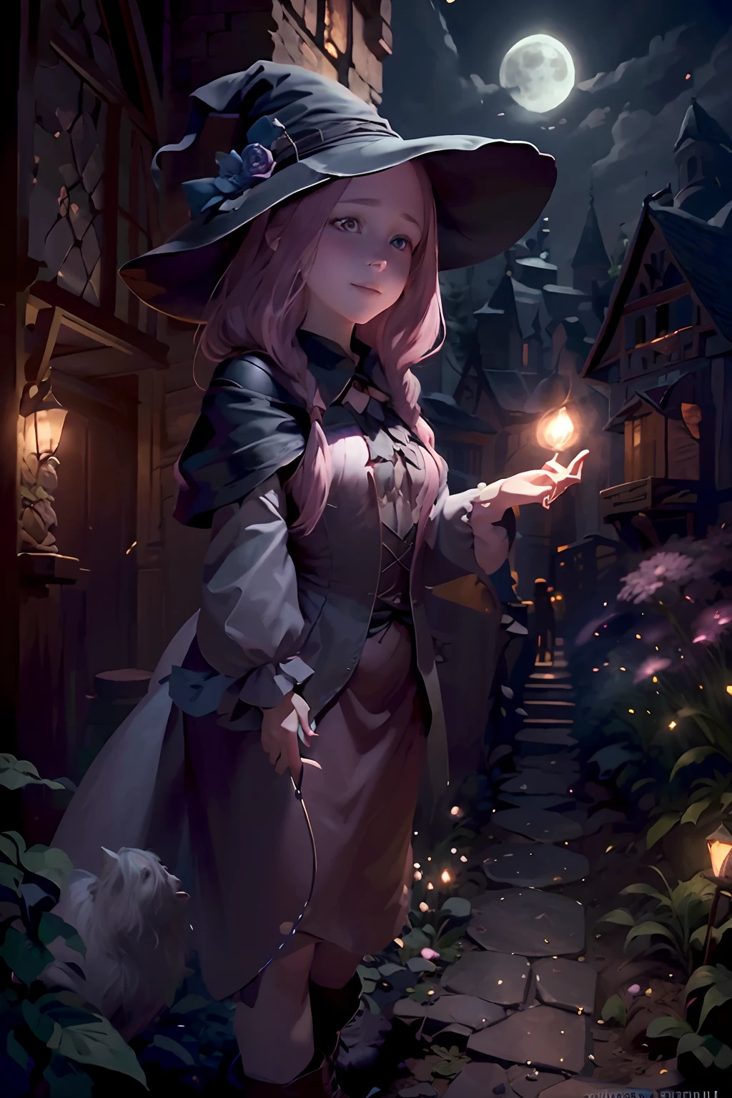 to join her in a romantic adventure. The witch is wearing a flowing black dress with silver embroidery and a pointed hat. She carries a spellbook in her hand, filled with ancient spells and enchantments. Her dwarfism adds an element of uniqueness and charm to her appearance.

The scene is set in a picturesque garden, illuminated by the soft glow of moonlight. Colorful flowers bloom around the witch, their petals reflecting the moon's gentle rays. A small stone pathway leads to a rustic wooden bench, where the witch waits anxiously for her boyfriend.

The art medium used to create this masterpiece is a combination of digital illustration and oil painting techniques. The intricate details of the witch's features, such as her captivating eyes, luscious pink hair, and her sweet smile, are brought to life with precise brushstrokes and vibrant color gradients.

In terms of image quality, this artwork is of the highest standard. It is a 4k resolution masterpiece, crafted with extreme attention to detail. The realistic rendering of the witch's face and the surrounding garden creates an immersive experience for the viewer.

The overall style of the artwork leans towards fantasy and magical realism. It captures the essence of a whimsical world where witches and enchantments exist. The color palette chosen for this piece includes soft pastels, with a focus on shades of pink and blue, creating a dreamy and ethereal atmosphere.

To enhance the lighting effects, studio lighting techniques are employed, casting a soft, warm glow on the witch and the garden. The light dances on the flowers and illuminates the witch's face, highlighting her delicate features and emphasizing the enchanting ambiance.

In summary, the Stable Diffusion prompt for this artwork is:

"beautiful young witch with dwarfism,long wavy pink hair, sweet smile, soft blue eyes, medium breasts,standing on a corner in Winslow Arizona waiting for her boyfriend who was gigantism,digital illustration,oil painting techni