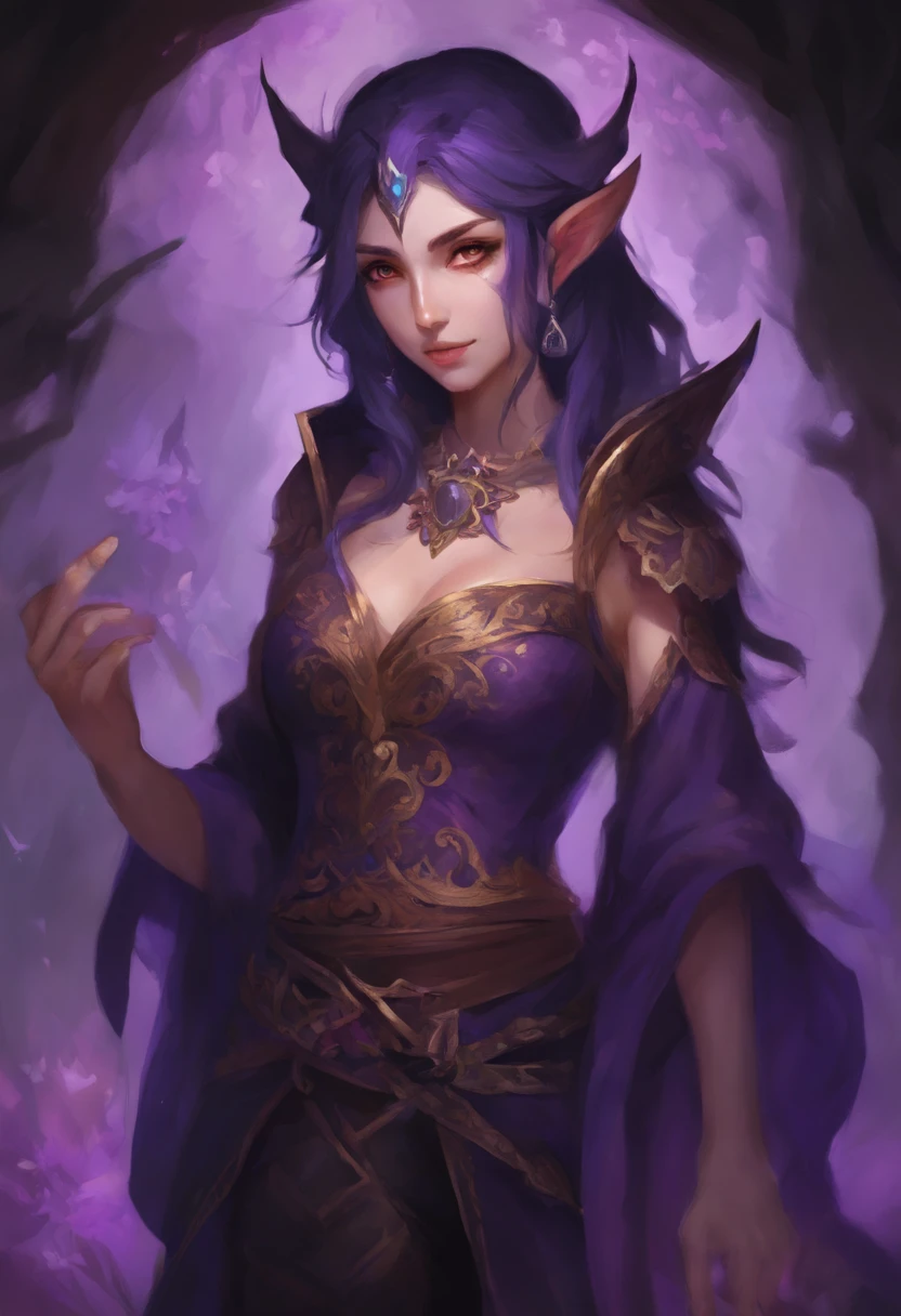 (((vivid purple eyes))), Half-elf female mage, Casaco Preto, (mangas roxas), (tight gray pants), (purple silk scarf), tied back silky shoulder length detailed black hair, (dark gothic makeup), pele castanha muito clara, (seios enormes), pequenas orelhas pontudas, quadris largos, figura da ampulheta, big booty, (Persa)