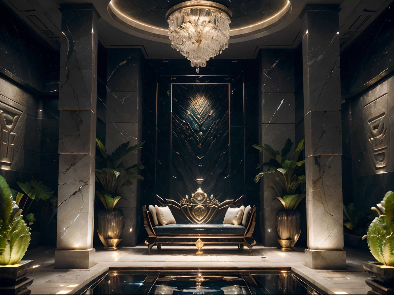incredible luxurious futuristic interior garden in Ancient Persian style with many ((lush plants)) (lotus flowers), ((palm trees)), rocky walls, (sand), ((amazing waterfalls)), (marble), ((precious minerals)), ((metals)), (gemstones), crystals, clouds and ((water)), futuristic luxury furniture, crocodiles, ((hieroglyphics)), (((ultra luxury))), (black marble) – with ((beautiful lights)), Unreal Engine, HQ, 16k