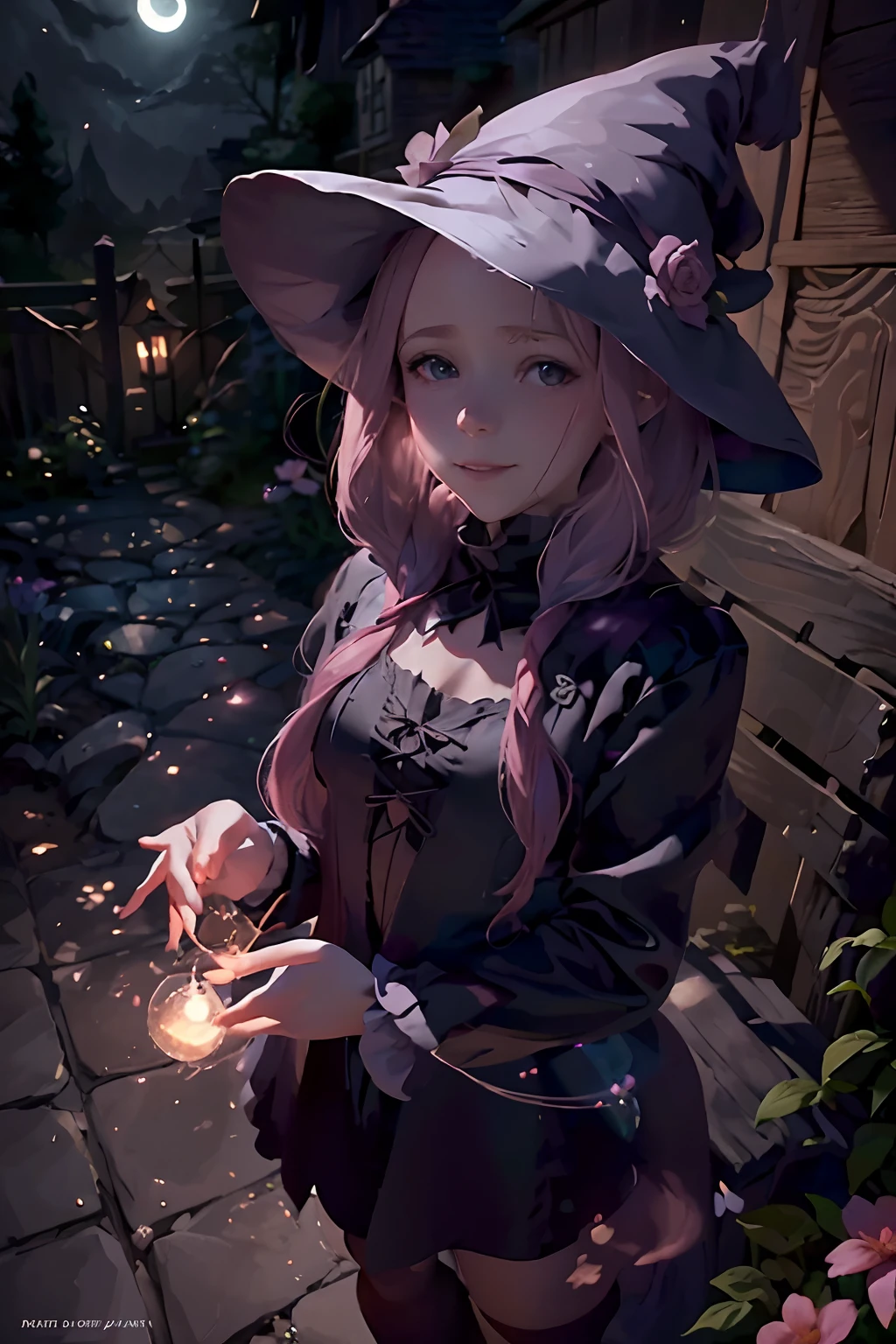 to join her in a romantic adventure. The witch is wearing a flowing black dress with silver embroidery and a pointed hat. She carries a spellbook in her hand, filled with ancient spells and enchantments. Her dwarfism adds an element of uniqueness and charm to her appearance.

The scene is set in a picturesque garden, illuminated by the soft glow of moonlight. Colorful flowers bloom around the witch, their petals reflecting the moon's gentle rays. A small stone pathway leads to a rustic wooden bench, where the witch waits anxiously for her boyfriend.

The art medium used to create this masterpiece is a combination of digital illustration and oil painting techniques. The intricate details of the witch's features, such as her captivating eyes, luscious pink hair, and her sweet smile, are brought to life with precise brushstrokes and vibrant color gradients.

In terms of image quality, this artwork is of the highest standard. It is a 4k resolution masterpiece, crafted with extreme attention to detail. The realistic rendering of the witch's face and the surrounding garden creates an immersive experience for the viewer.

The overall style of the artwork leans towards fantasy and magical realism. It captures the essence of a whimsical world where witches and enchantments exist. The color palette chosen for this piece includes soft pastels, with a focus on shades of pink and blue, creating a dreamy and ethereal atmosphere.

To enhance the lighting effects, studio lighting techniques are employed, casting a soft, warm glow on the witch and the garden. The light dances on the flowers and illuminates the witch's face, highlighting her delicate features and emphasizing the enchanting ambiance.

In summary, the Stable Diffusion prompt for this artwork is:

"beautiful young witch with dwarfism,long wavy pink hair, sweet smile, soft blue eyes, medium breasts,standing on a corner in Winslow Arizona waiting for her boyfriend who was gigantism,digital illustration,oil painting techni