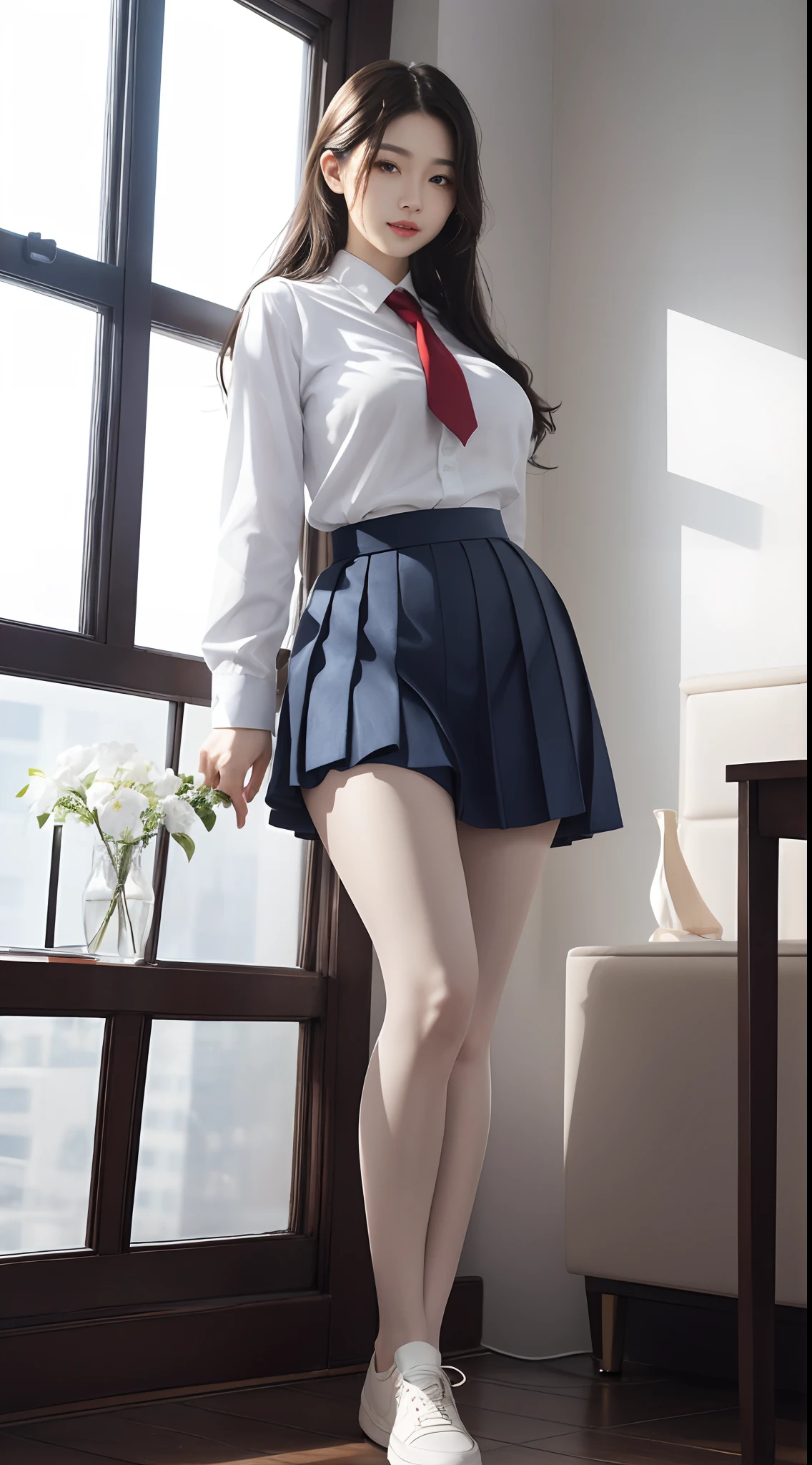 Ultra-realistic 8k CG,full body shot shot,s the perfect face,flawless perfection,ren,tmasterpiece,professionalartwork,famousartwork,s the perfect face,beauitful face,beautidful eyes,((Extremely tall, plump and sexy perfect female body)),独奏,(immersiveatmosphere,lightand shade contrast:1.5,Bright light:1.2,lumnious),,(Blushlush:0.5),Enchanting expression,Ultimate detail_The eye,Extra-long thick thighs,Extra-large big breasts,Wide fat buttocks,Exquisite background,depth of fields,photorealestic:1.3,Faraway view,1girl,The shirt,pleatedskirt,School Uniform,Dynamic standing,full bodyesbian,(ambient lights:1.3),(cinematic compositions:1.3),(neonlight:0.1),(HDR:0.1),emphasis lighting,White panty hose,White sneakers,full body shot shot。