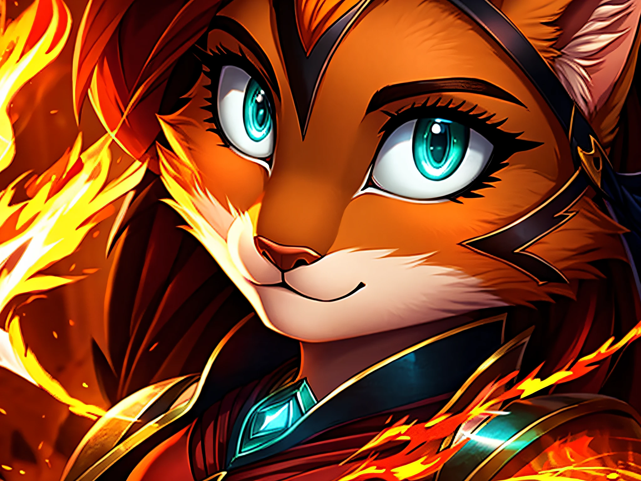 high quality digital illustration, close up portrait, perfect portrait, cinematic composition, fantasy style art, a pretty and heroic young anthropomorphic female cat, orange fur, orange hair, orange color, orange face, long eyelashes, big eyelashes, pretty eyes, teal eyes, faintly glowing teal eyes, protagonist, a female orange haired and teal-eyed cat warrior, red warrior dress, looking heroic, slight smile, determined look, fire, swirling fire, fire in the air, dramatic lighting, 4k, stunning visuals