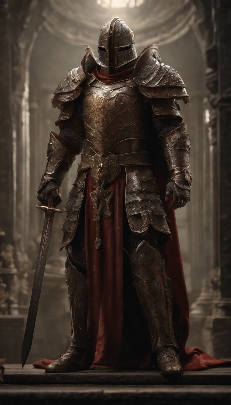 (Best quality,4K,8K,A high resolution,Masterpiece:1.2),Ultra-detailed,(Realistic,Photorealistic,photo-realistic:1.37),A sword-wielding demon armor warrior stood in the hall, Full body portrait of the mysterious knight, Wearing heavy armor,Behind him is a black cloak with a gorgeous pattern,A sacred warrior wielding a legendary sword, Mythical warriors in full-body armor, A golden knight with divine armor, The helmet is decorated with the devil's horns, The eyes glow blood-red, Concept art for glorious figures, Crimson Armor Knight, Epic Paladin armor, Holy medieval knight, Kneel on one knee, Blades embedded in the earth, submission, Full body shot.