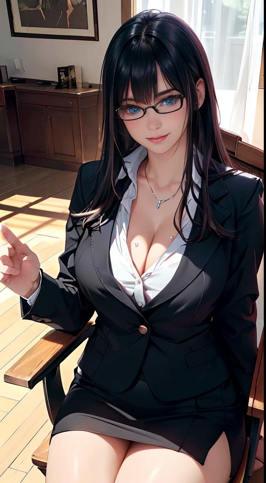 (masutepiece:1.5), the Extremely Detailed CG Unity 8K Wallpapers,(Realistic,Photorealsitic,hyper realisitc:1.5),(Curve,Model,carismatic:1.5),Beautiful breasts,Farbe_aberration,beautiful detailed shading,Beautiful eyes,Beautiful body,Beautiful skin,beautifull hands,(cowboys_shot:1.4),(Seductive smile:1.4),(sit a chair,crossedlegs:1.4),
(Best Quality:1.3), High quality shadows, Beautiful detailed, Beautiful face, Detailed eyes, depth of fields, hight resolution, Best Shadow, Best Illumination, 1girll, view the viewer, Black hair, Blunt bangs, Long hair, Dark blue eyes, Shy, Large breasts, Miniskirt, Blouse, Blazer, pump, Office Lady, Glasses,cleavage