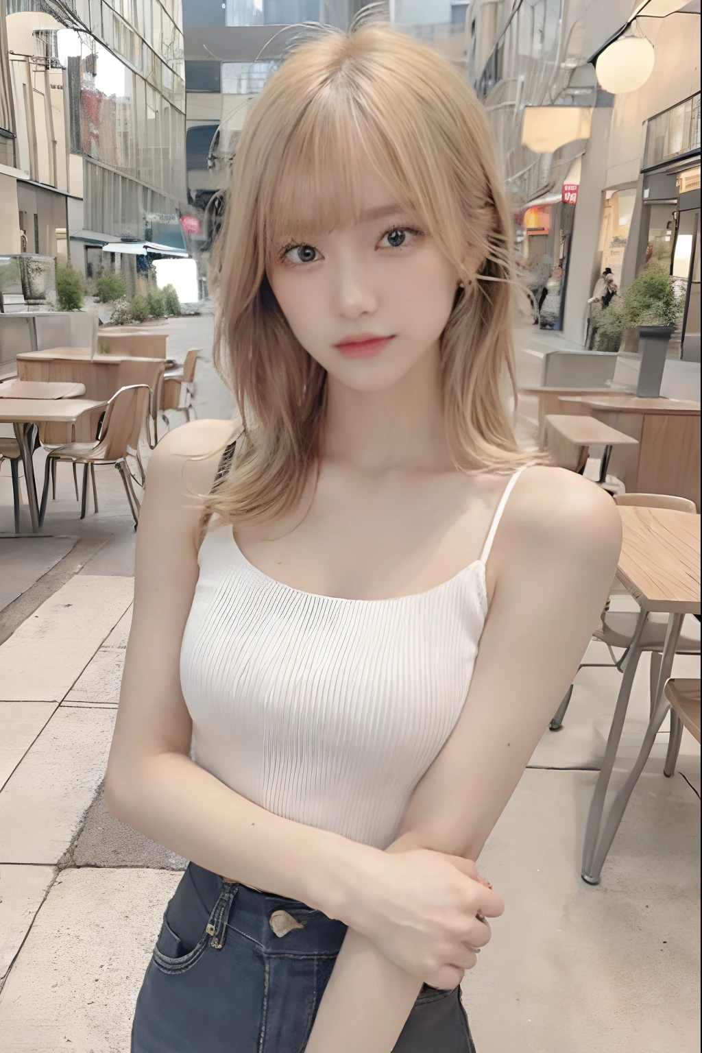 Beautiful Japanese Woman、Blonde、In an empty park、White loose-necked tank top、topless