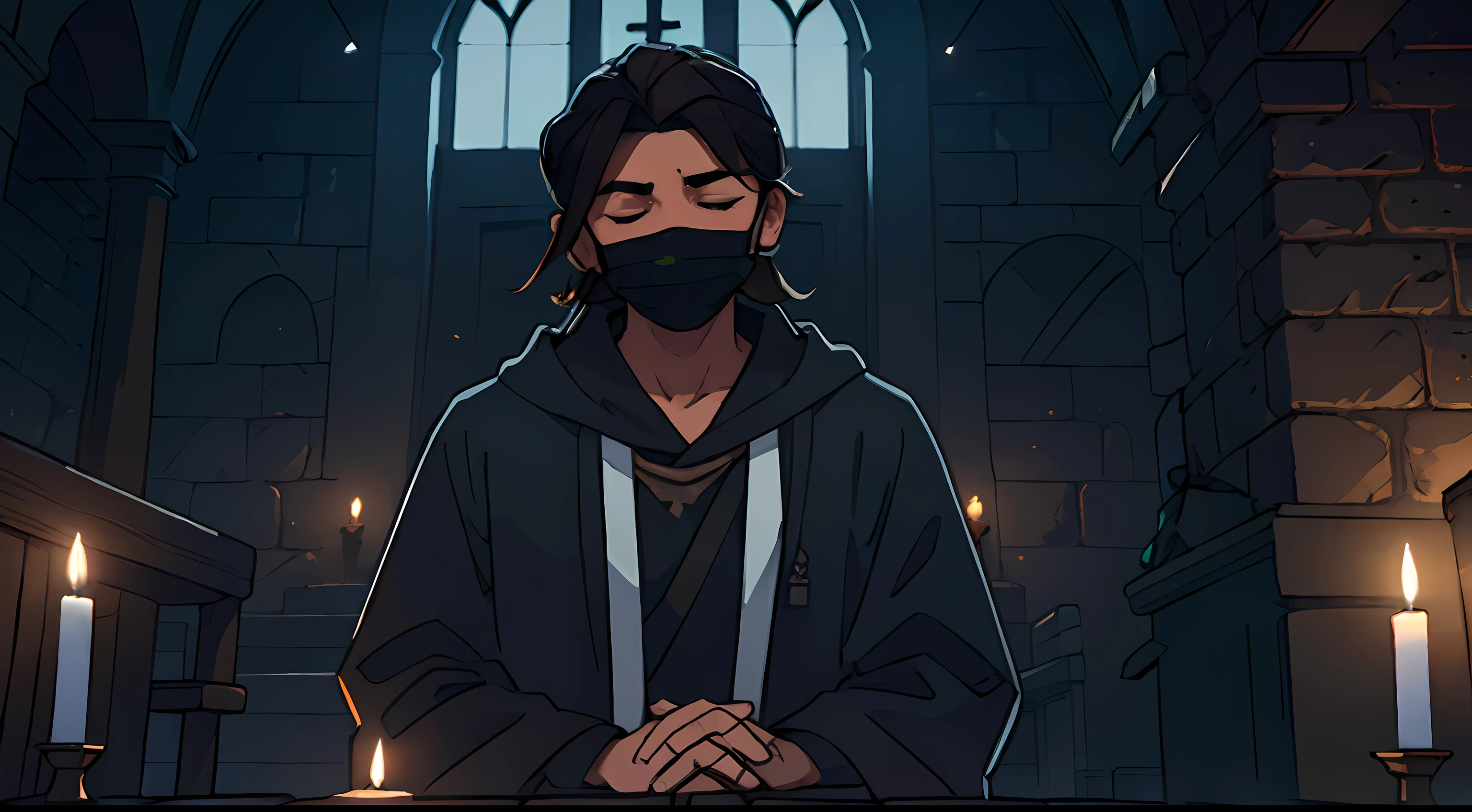 one man only, brown man bun, messy brown hair, closed eyes, black half face vented mental mask, nose under black vented metal mask, mouth under black vented metal mask, chin under black vented metal mask, deep navy blue and pure white priest’s robes, deep navy blue and white robes, standing, victory pose, confident pose, formal pose, inside old church, candlelit scene, cobblestone walls, realistic lighting, cinematic lighting, ray traced lighting, 4k resolution, HDR, cinematic perfection, unbeatable masterpiece, perfect anatomy, anatomically correct, perfect hands, perfect face