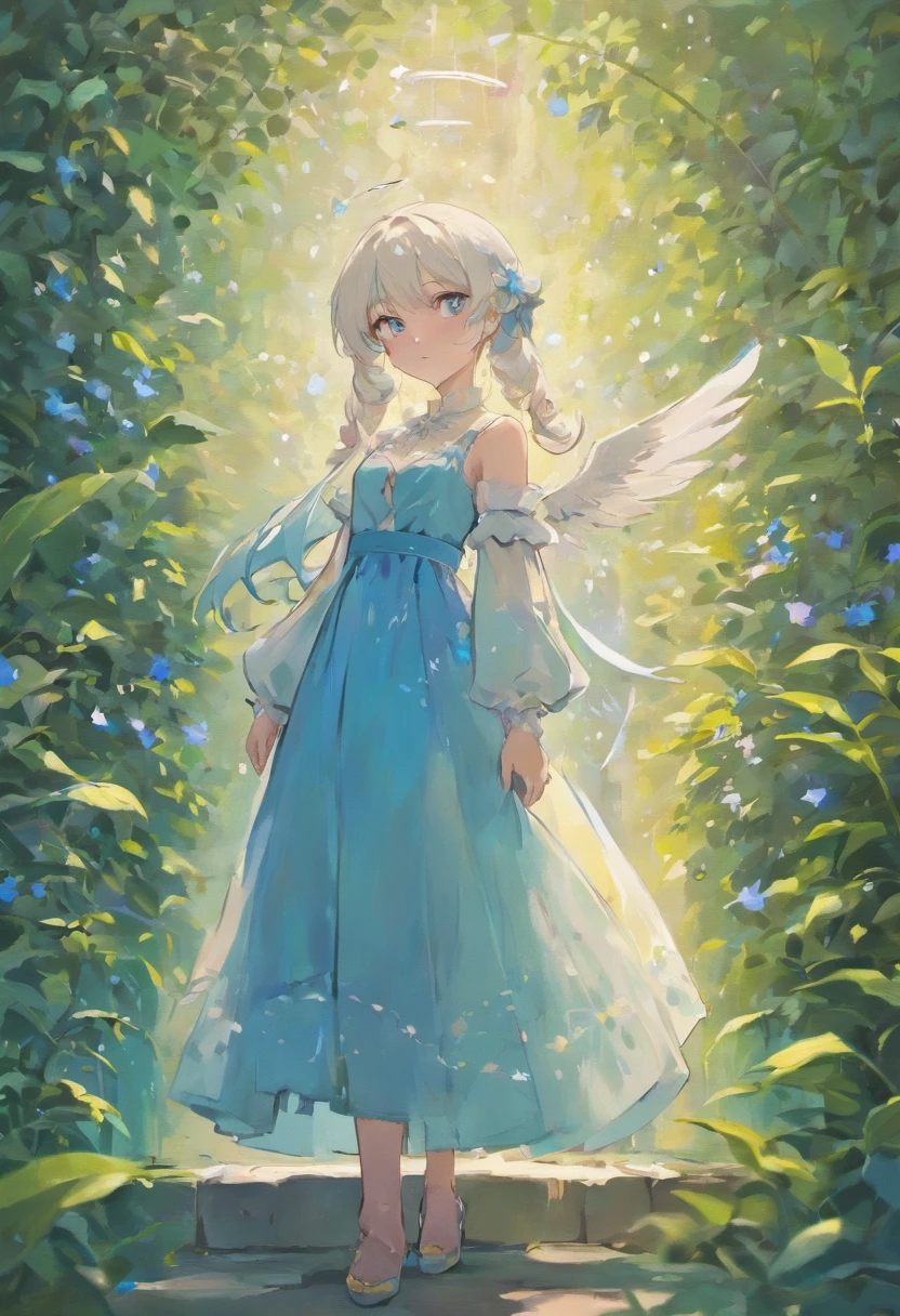 Angel girl standing in the garden,Silver hair,Glasses,Blue eyes,Dress,Lori,Delicate curves,Guweiz-inspired artwork,soft anime illustration,Cute Girl,Detailed Digital Anime Art,(((Excludes arm frills))),Best Quality,4K,8K,hight resolution,masutepiece:1.2,Ultra-detailed,Realistic:1.37,nffsw,nffsw,Studio Lighting,Ultra-fine painting,Sharp Focus,Physically-based rendering,extreme detail description,Professional,Vivid colors,Bokeh