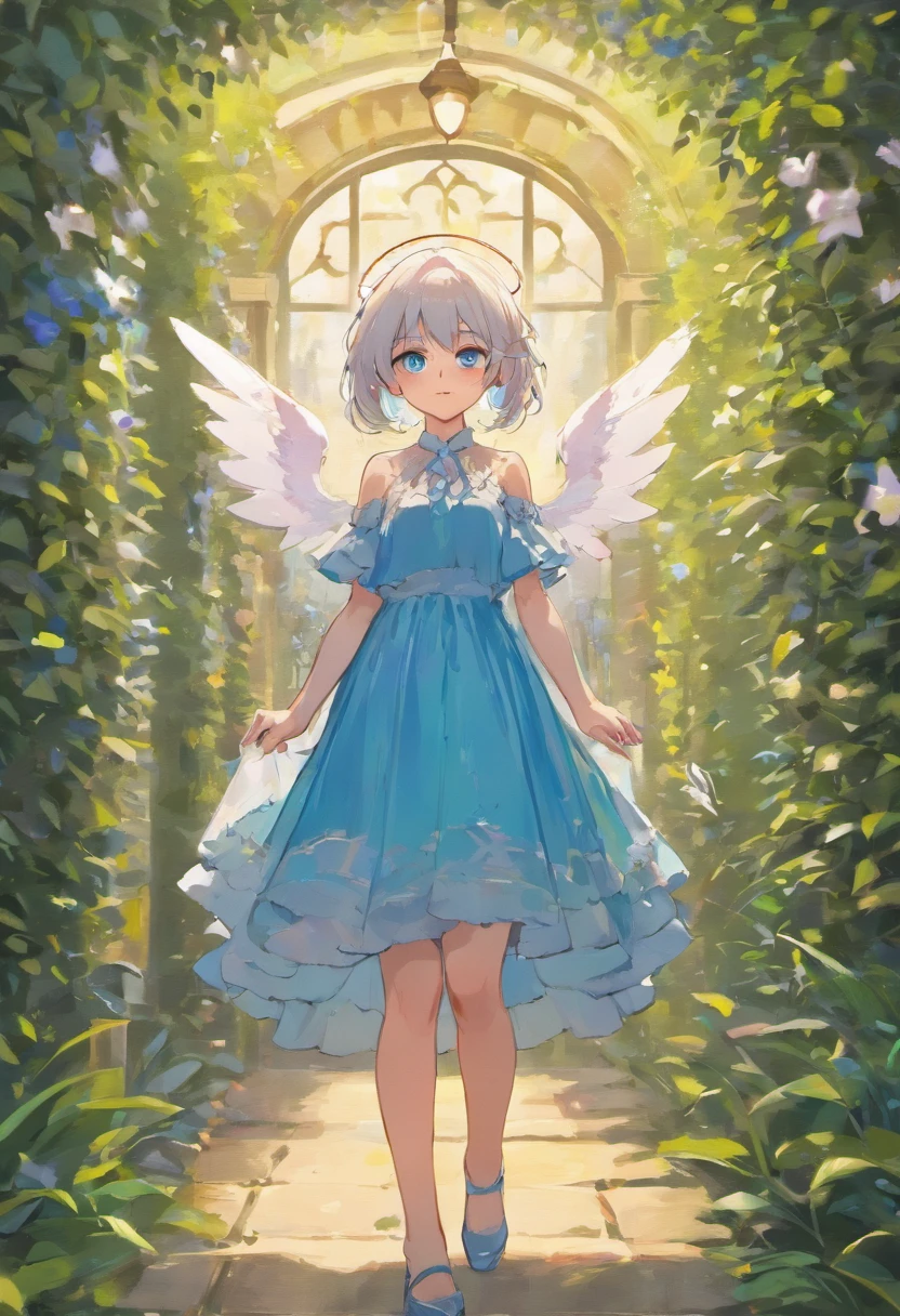 Angel girl standing in the garden,Silver hair,Glasses,Blue eyes,Dress,Lori,Delicate curves,Guweiz-inspired artwork,soft anime illustration,Cute Girl,Detailed Digital Anime Art,(((Excludes arm frills))),Best Quality,4K,8K,hight resolution,masutepiece:1.2,Ultra-detailed,Realistic:1.37,nffsw,nffsw,Studio Lighting,Ultra-fine painting,Sharp Focus,Physically-based rendering,extreme detail description,Professional,Vivid colors,Bokeh